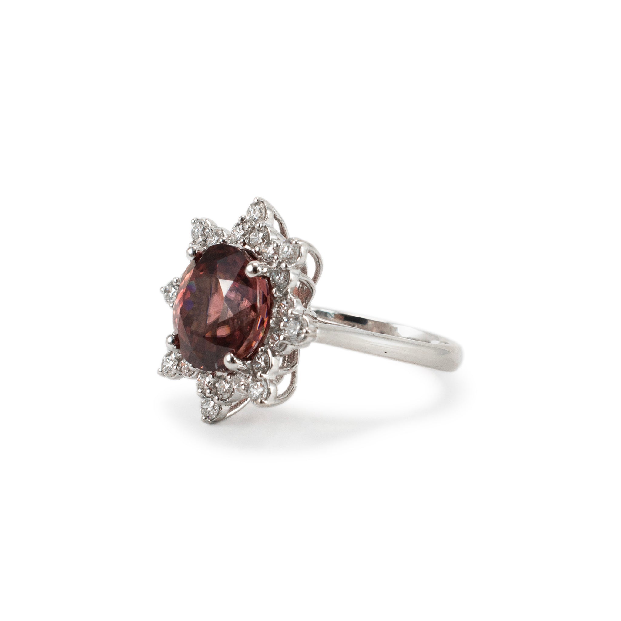 Ladies 18K White Gold Burgundy Spinel Halo Diamond Flower Cocktail Ring