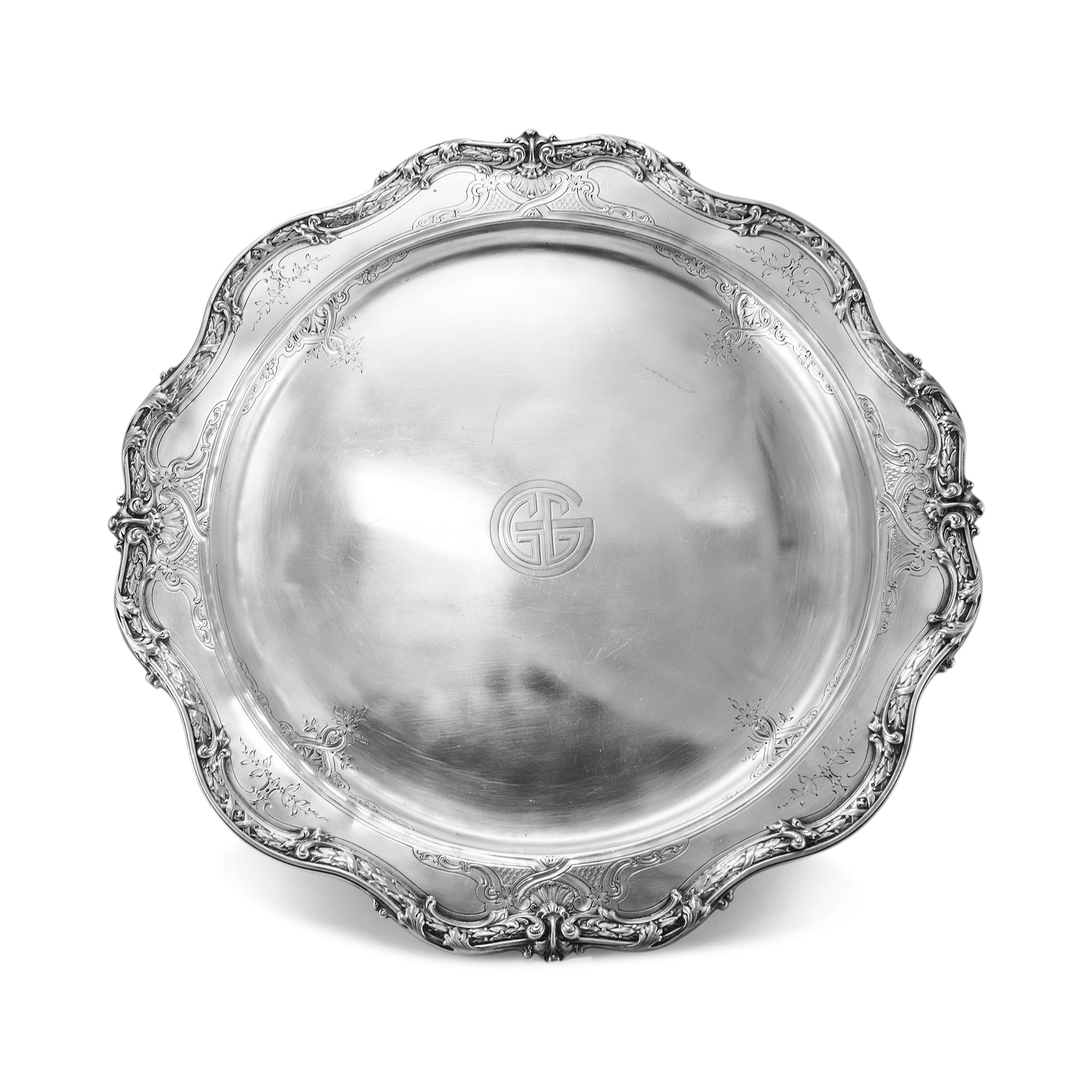 Vintage 925 Sterling Silver Round 3D Floral Platter Tray