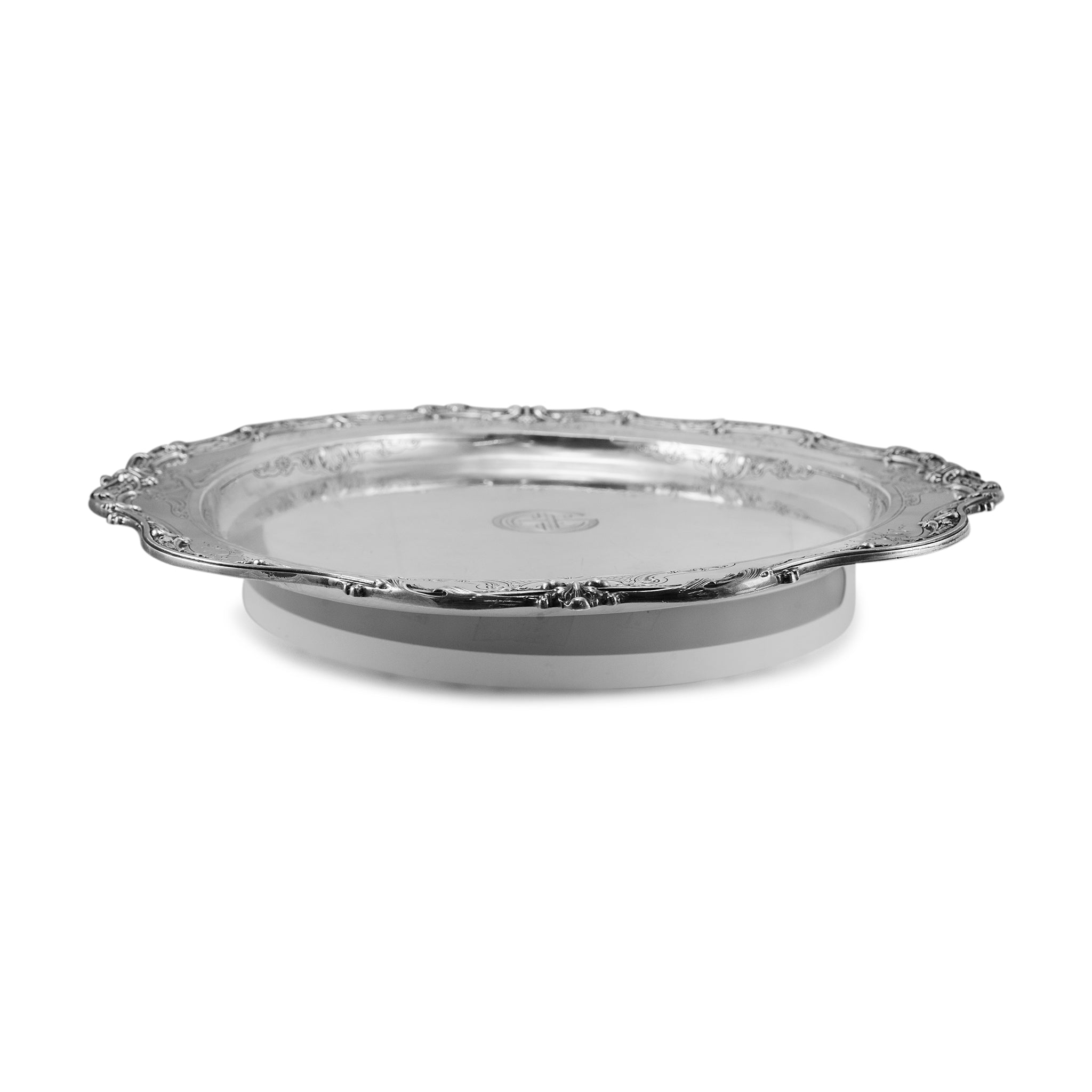 Vintage 925 Sterling Silver Round 3D Floral Platter Tray