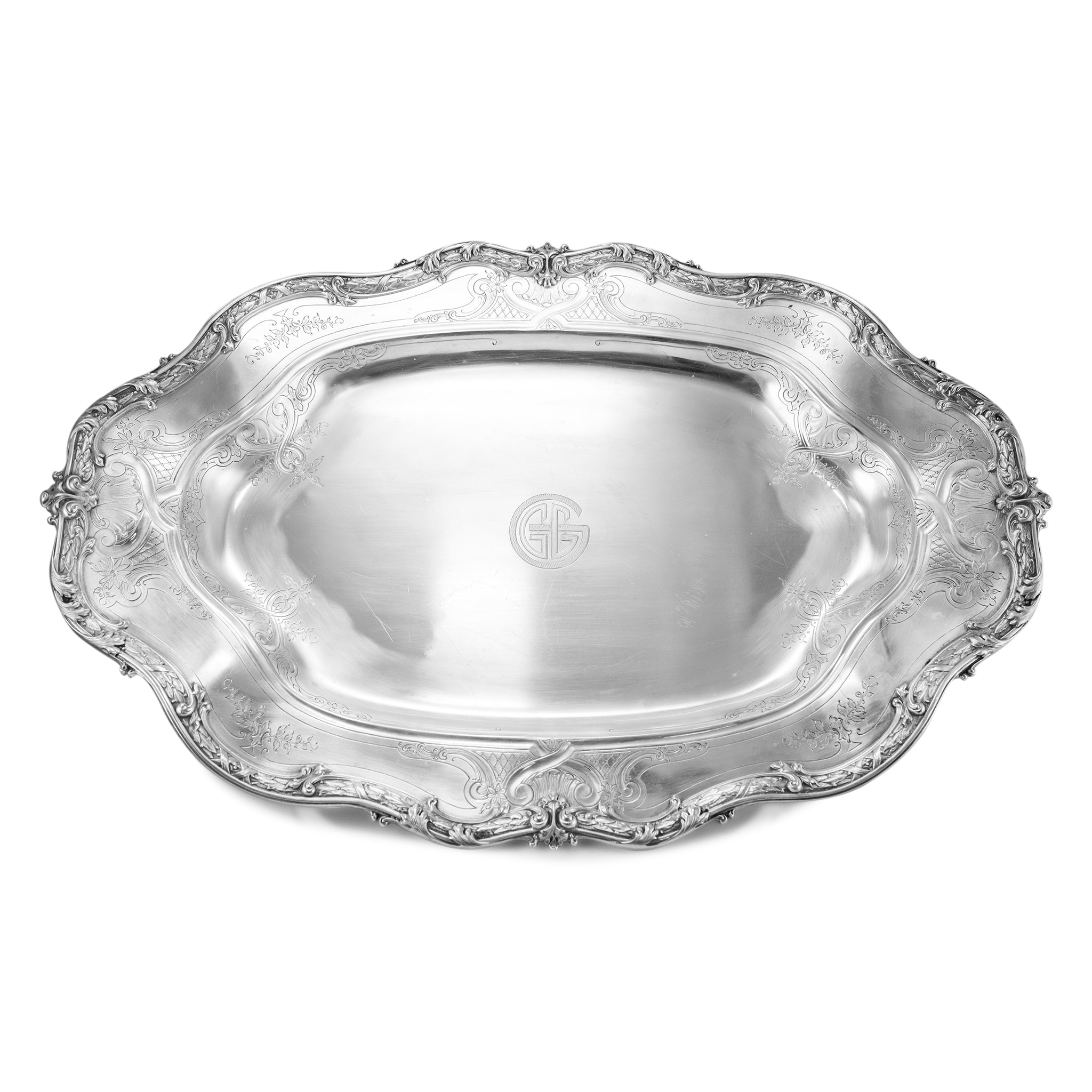 Vintage 925 Sterling Silver Oval 3D Floral Platter Tray