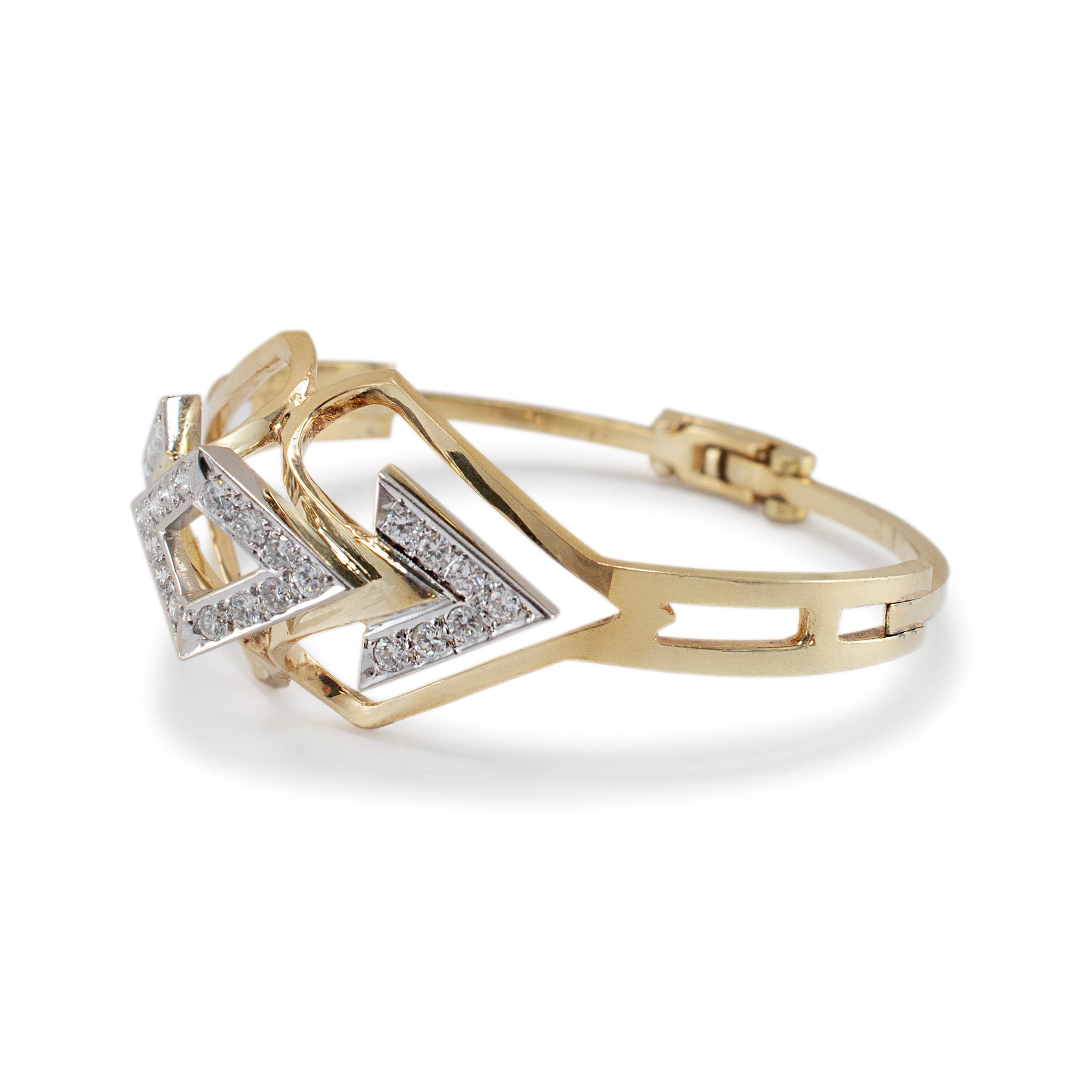 Vintage 14K Yellow & White Gold Two Tone Geometric Diamond Bangle Bracelet