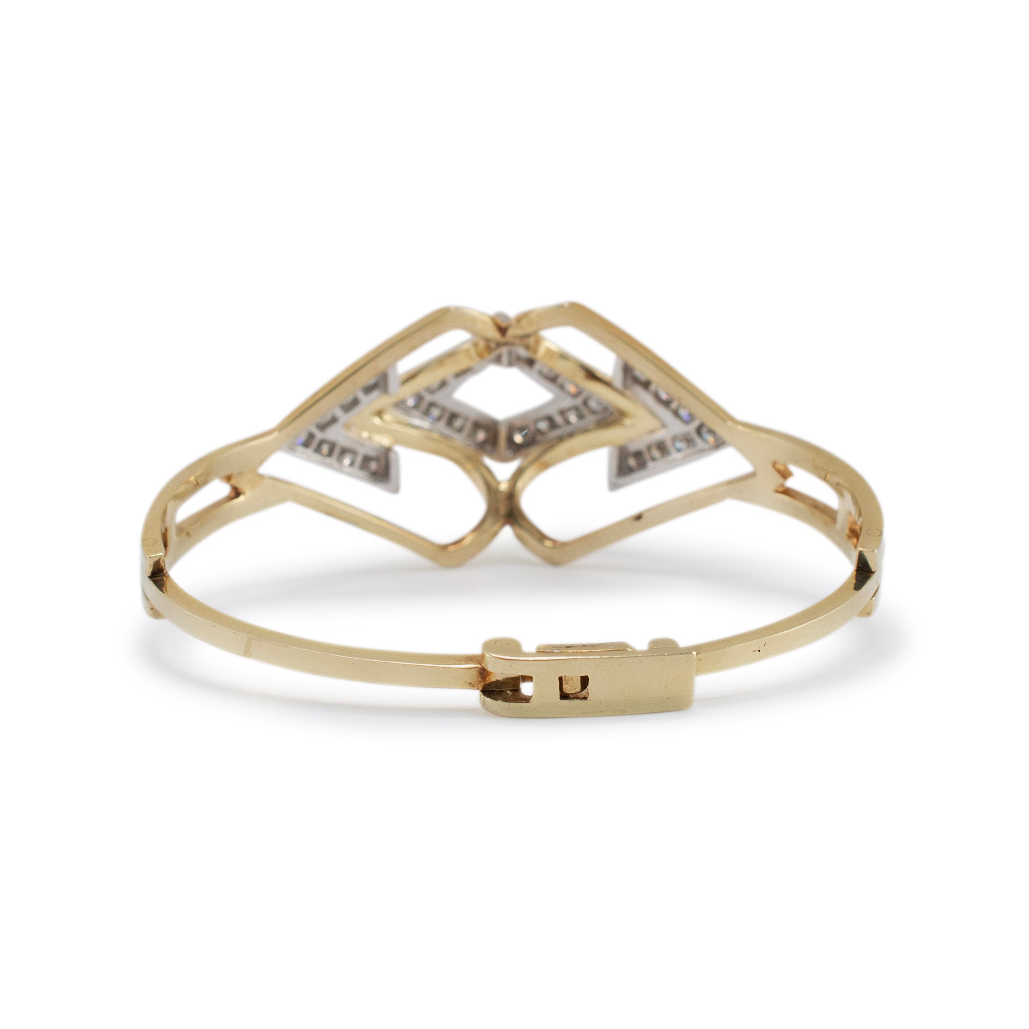 Vintage 14K Yellow & White Gold Two Tone Geometric Diamond Bangle Bracelet