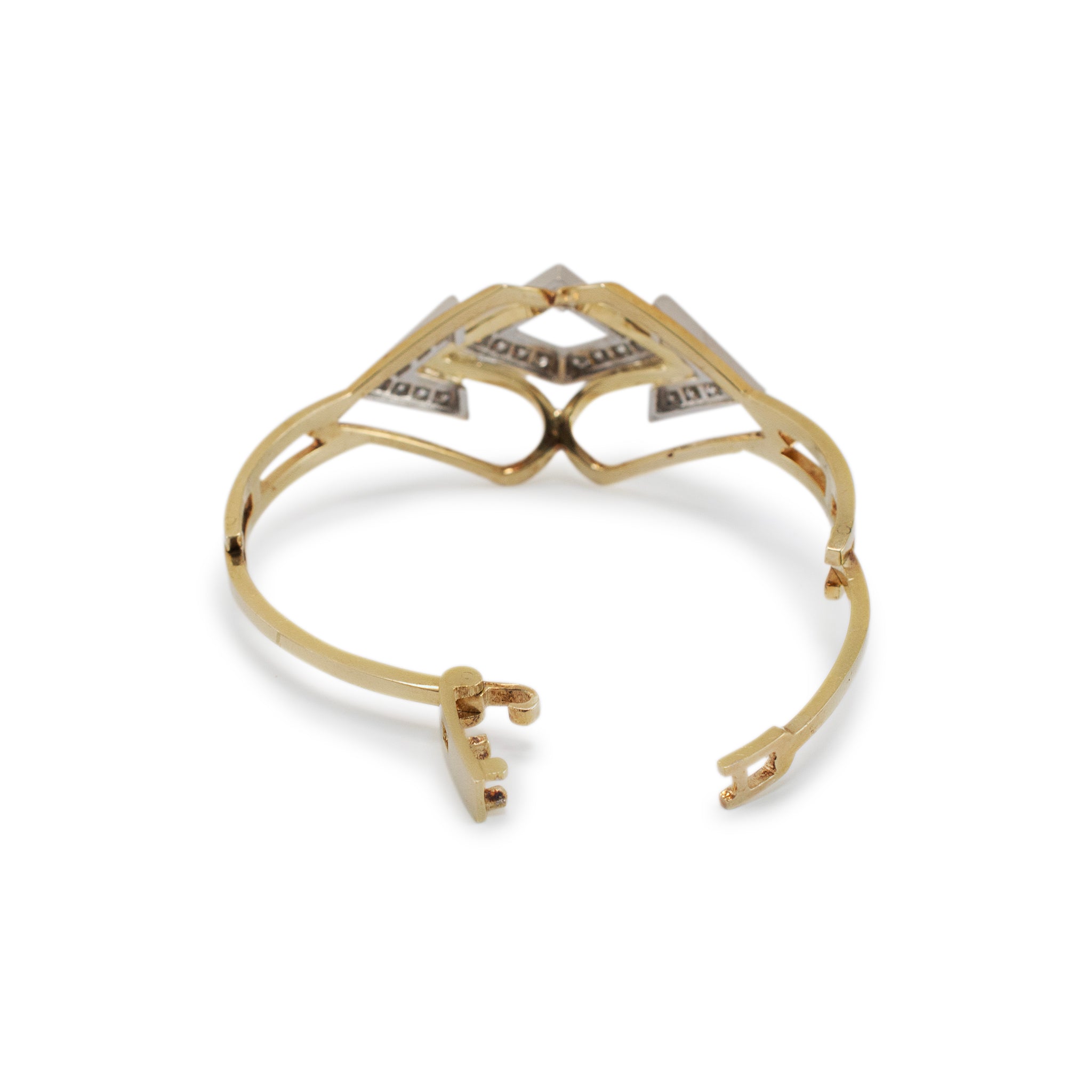 Vintage 14K Yellow & White Gold Two Tone Geometric Diamond Bangle Bracelet