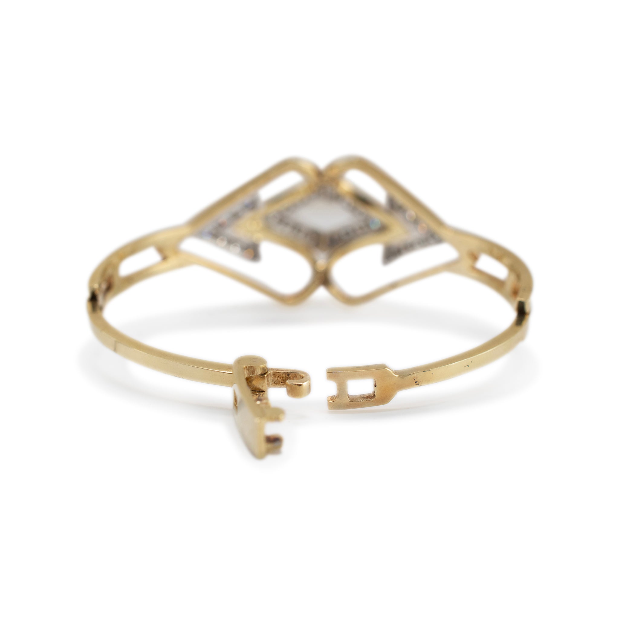 Vintage 14K Yellow & White Gold Two Tone Geometric Diamond Bangle Bracelet