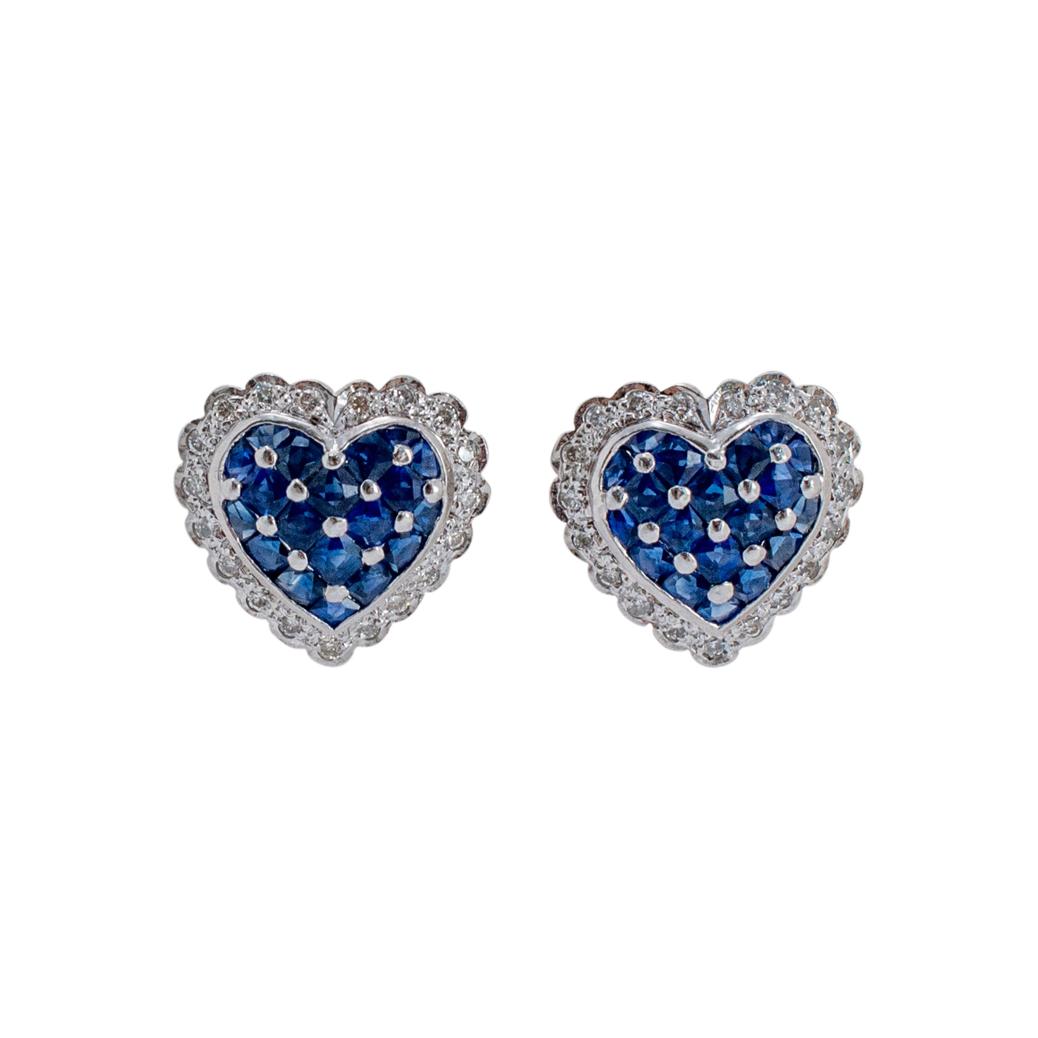 18K White Gold Sapphire Halo Diamond Heart Stud Earrings