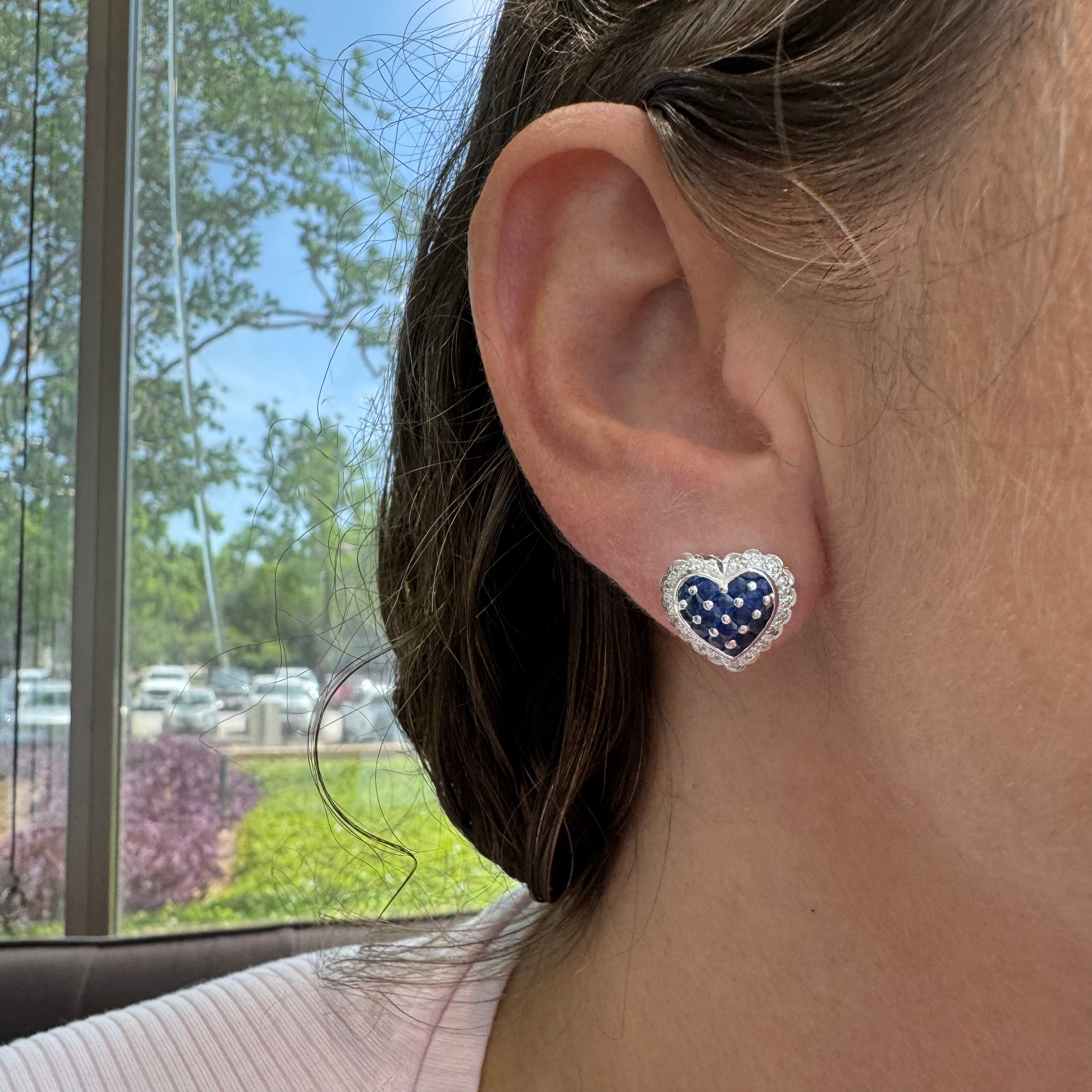 18K White Gold Sapphire Halo Diamond Heart Stud Earrings