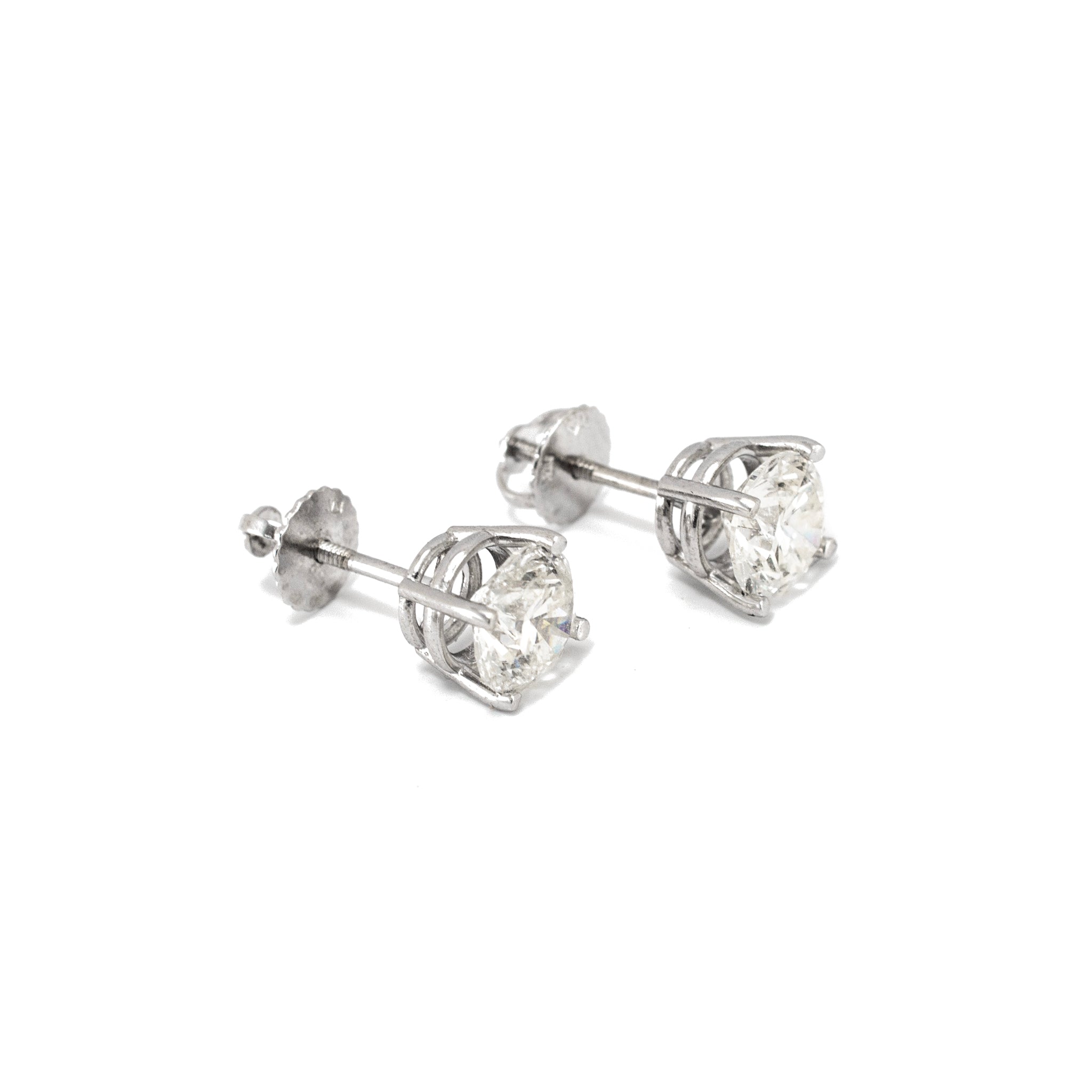 14K White Gold 4 Prong Screw Back 1.08 CT Round Diamond Stud Earrings