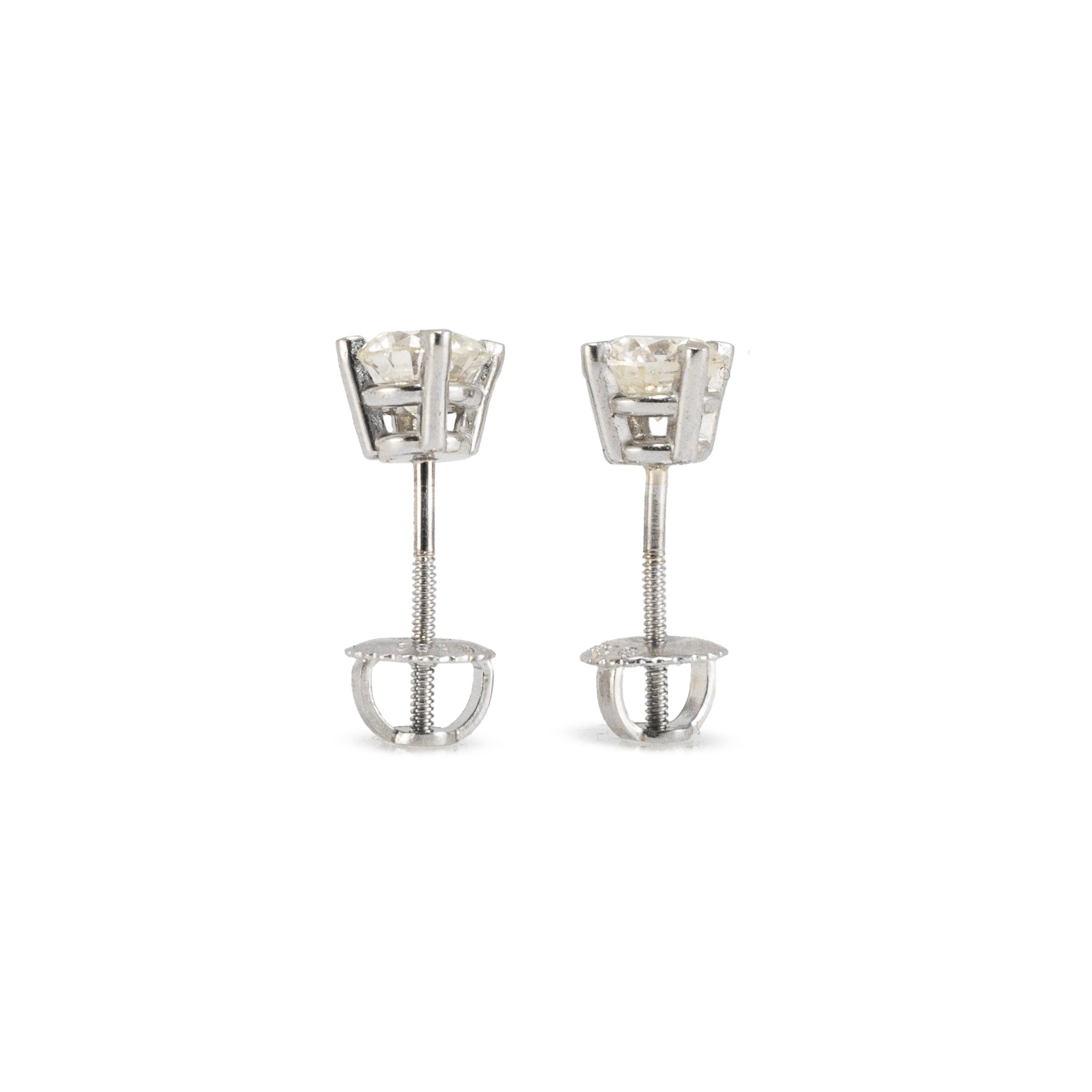 14K White Gold 4 Prong Screw Back 1.08 CT Round Diamond Stud Earrings