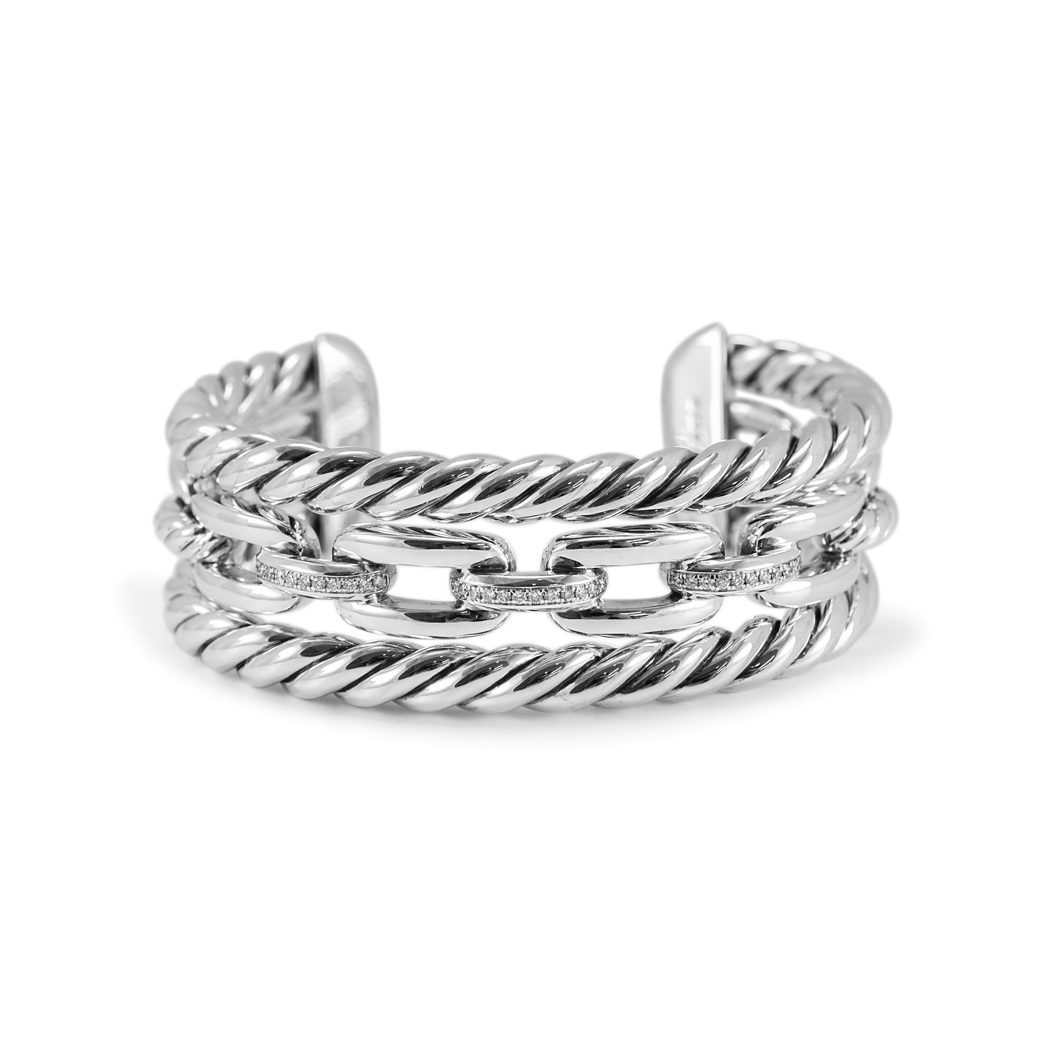 David Yurman 925 Silver Wellesley Three-Row Diamond Cuff Bangle Bracelet