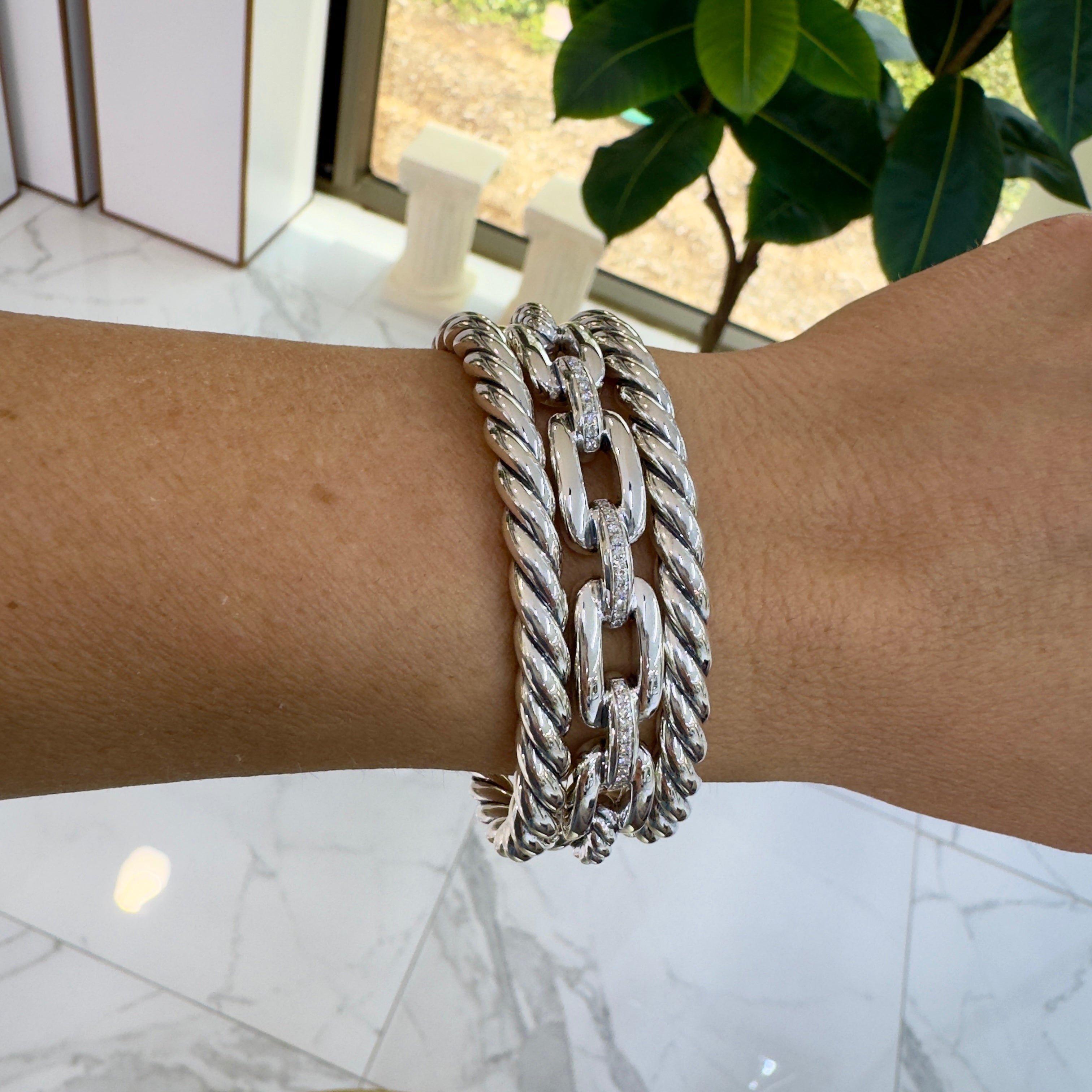 David Yurman 925 Silver Wellesley Three-Row Diamond Cuff Bangle Bracelet