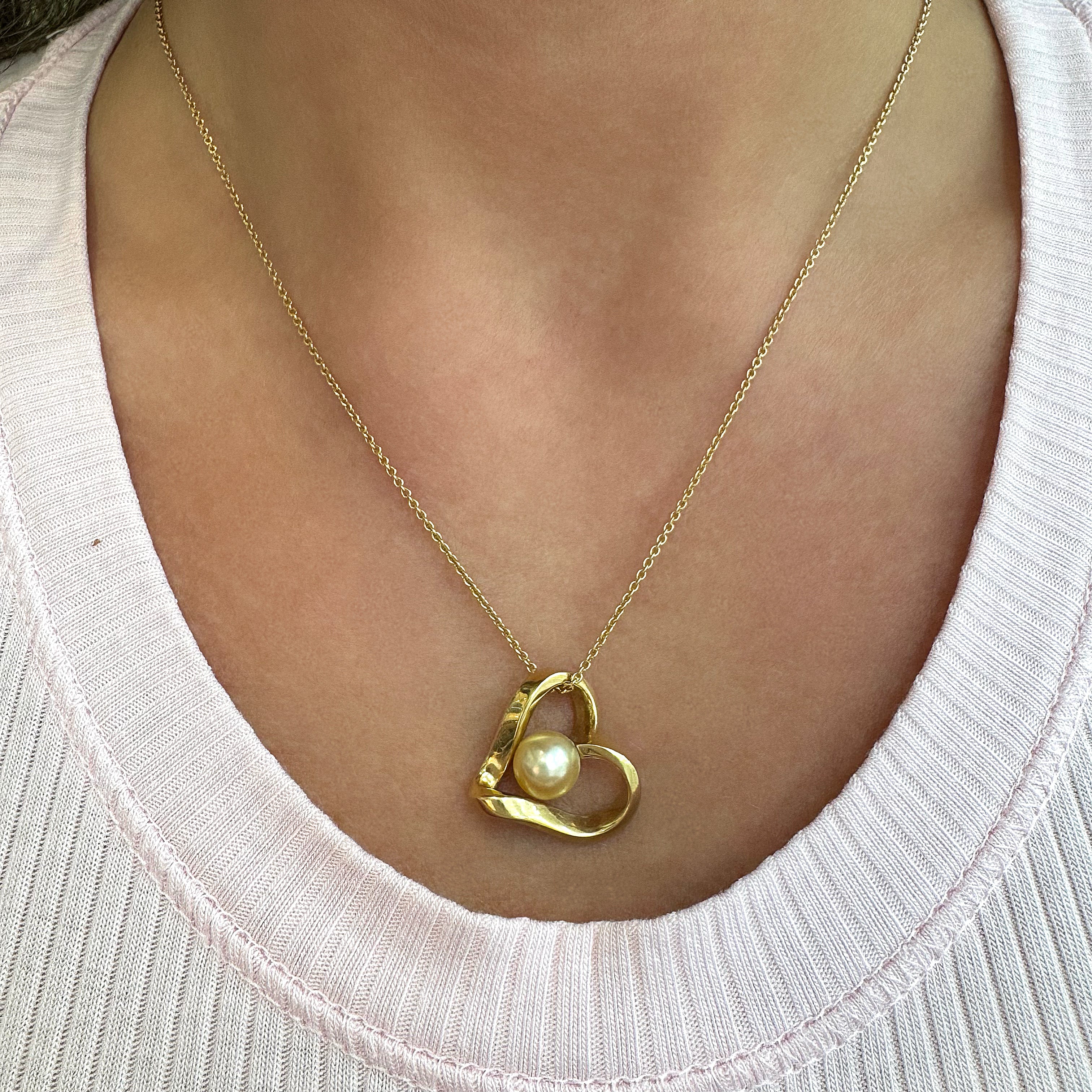 Mikimoto 18K Yellow Gold Pearl Pendant Heart Motif Necklace