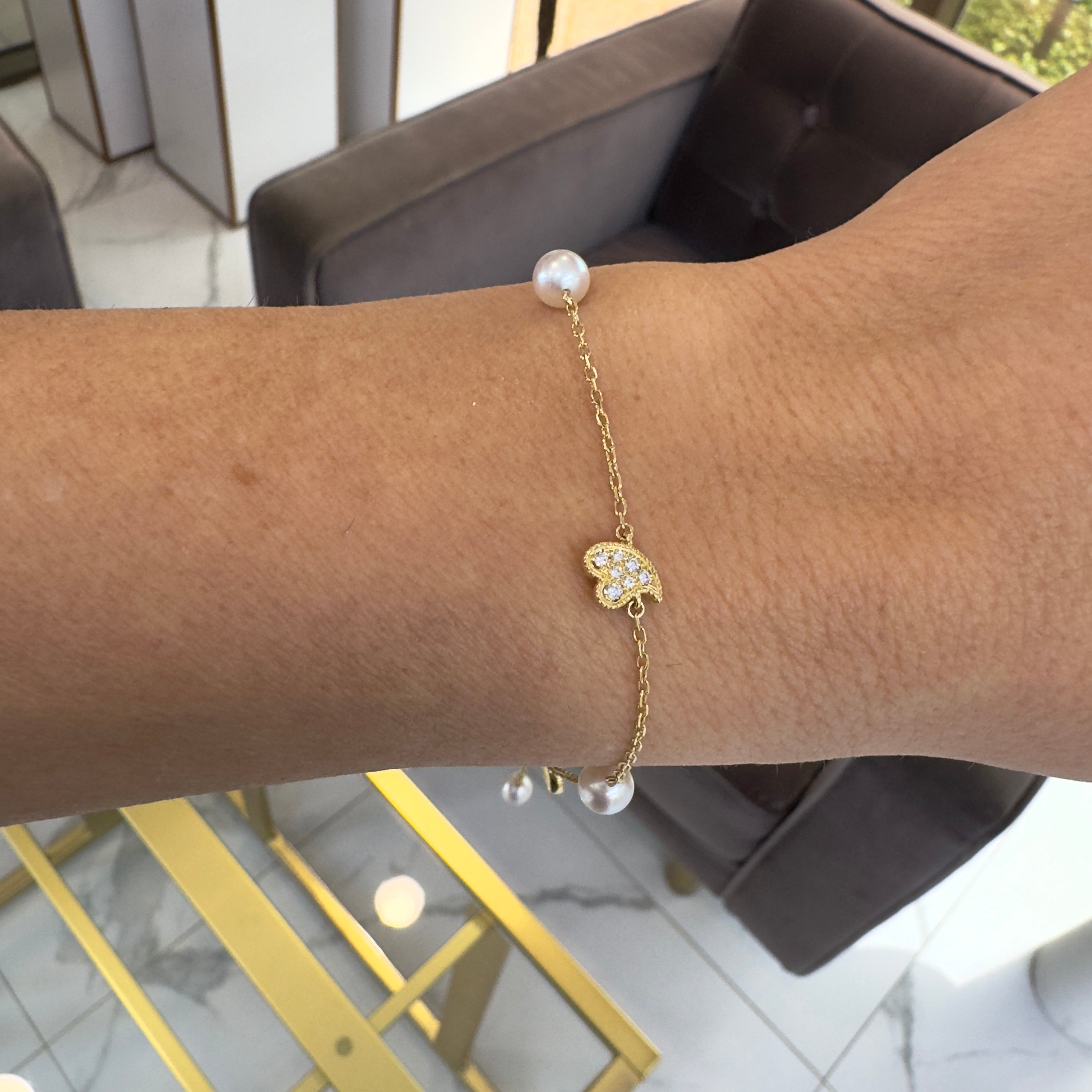 Mikimoto 18K Yellow Gold Diamond Charm Akoya Pearl Station Bracelet