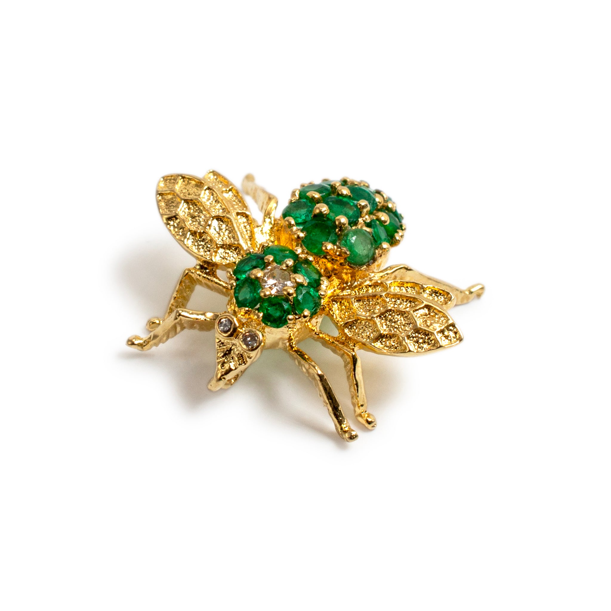 Vintage 18K Yellow Gold Green Emeralds Diamond Bee Pendant