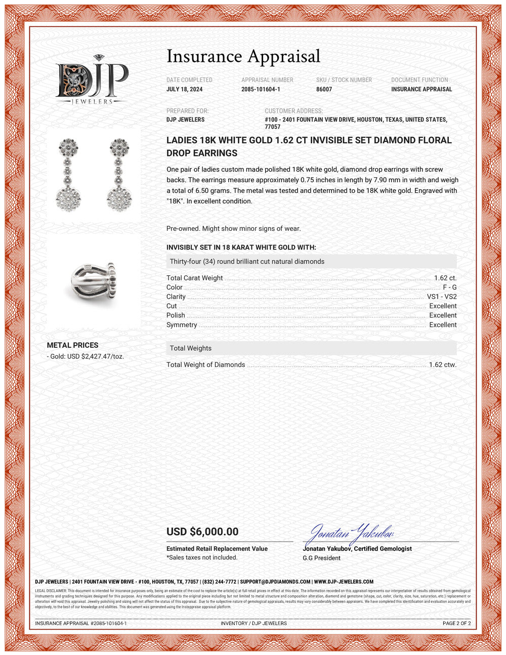 Ladies 18K White Gold 1.62 CT Invisible Set Diamond Floral Drop Earrings