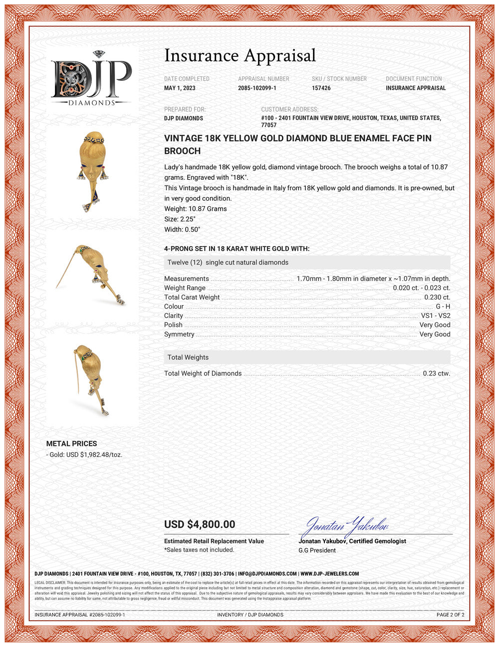 Vintage 18K Yellow Gold Diamond Blue Enamel Lady in Blue Pin Brooch