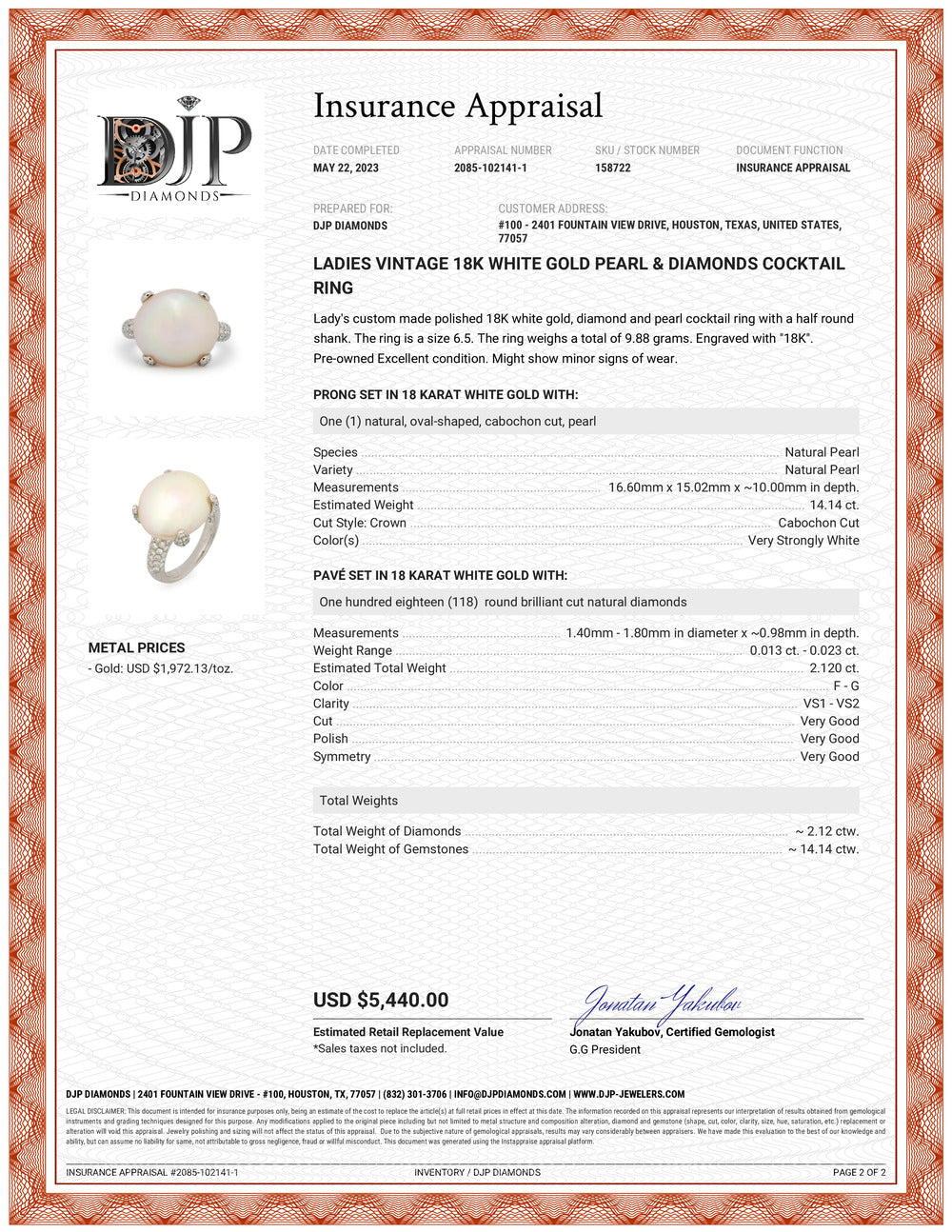 Ladies Vintage 18K White Gold Pearl & Diamonds Cocktail Ring