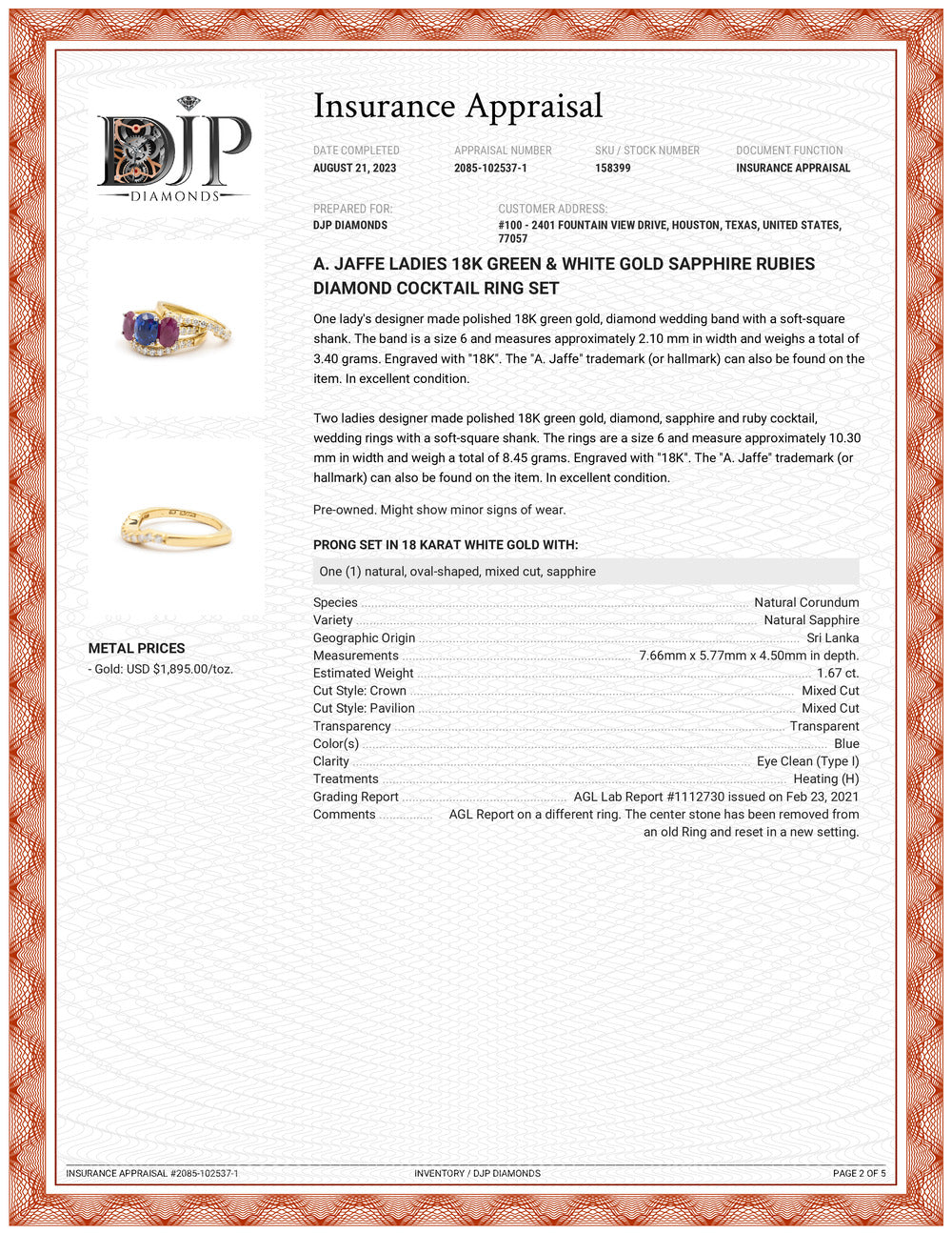 A. Jaffe 18K Green & White Gold AGL Sapphire Ruby Diamond Cocktail Ring Set