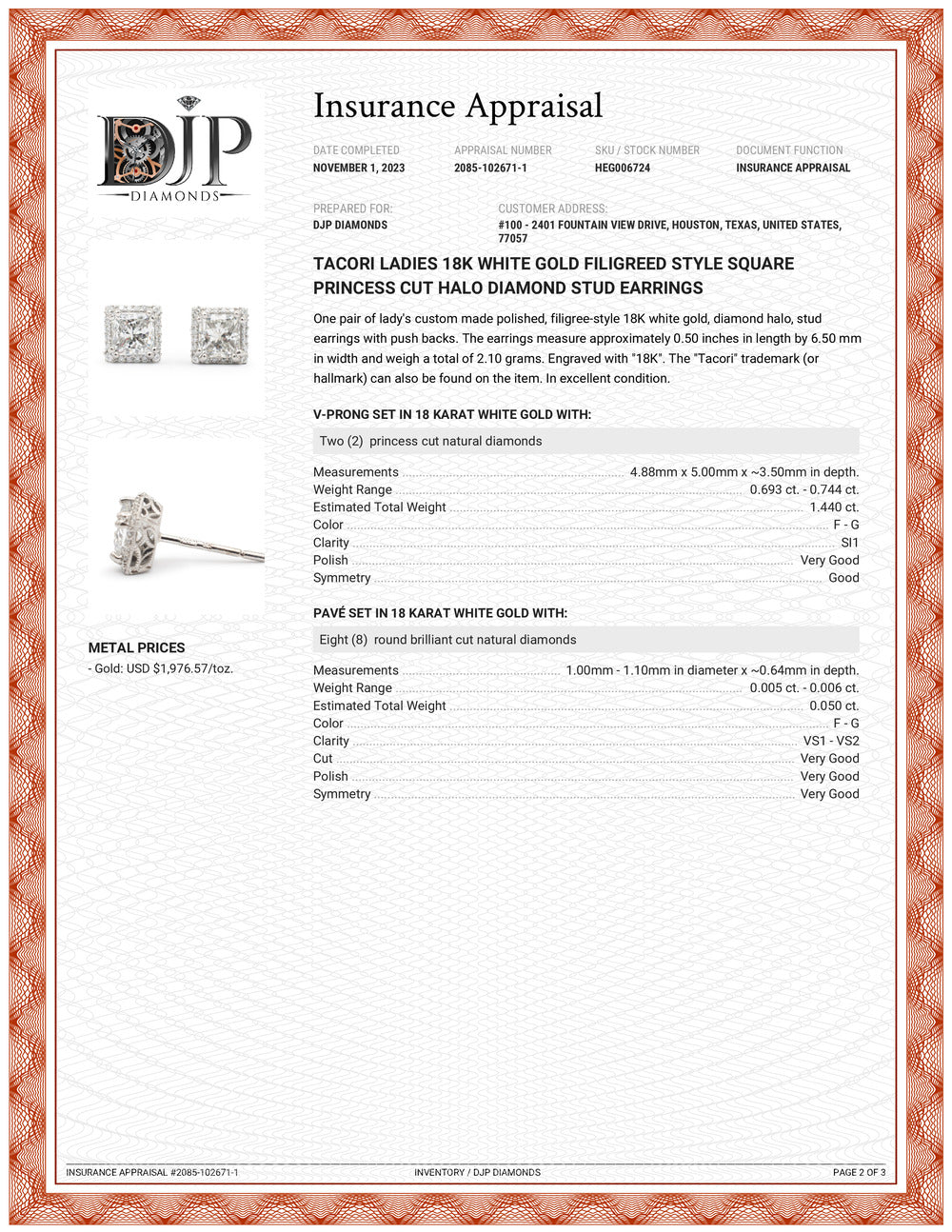 Tacori Ladies 18K White Gold Filigreed Style Square Princess Cut Halo Diamond Stud Earrings