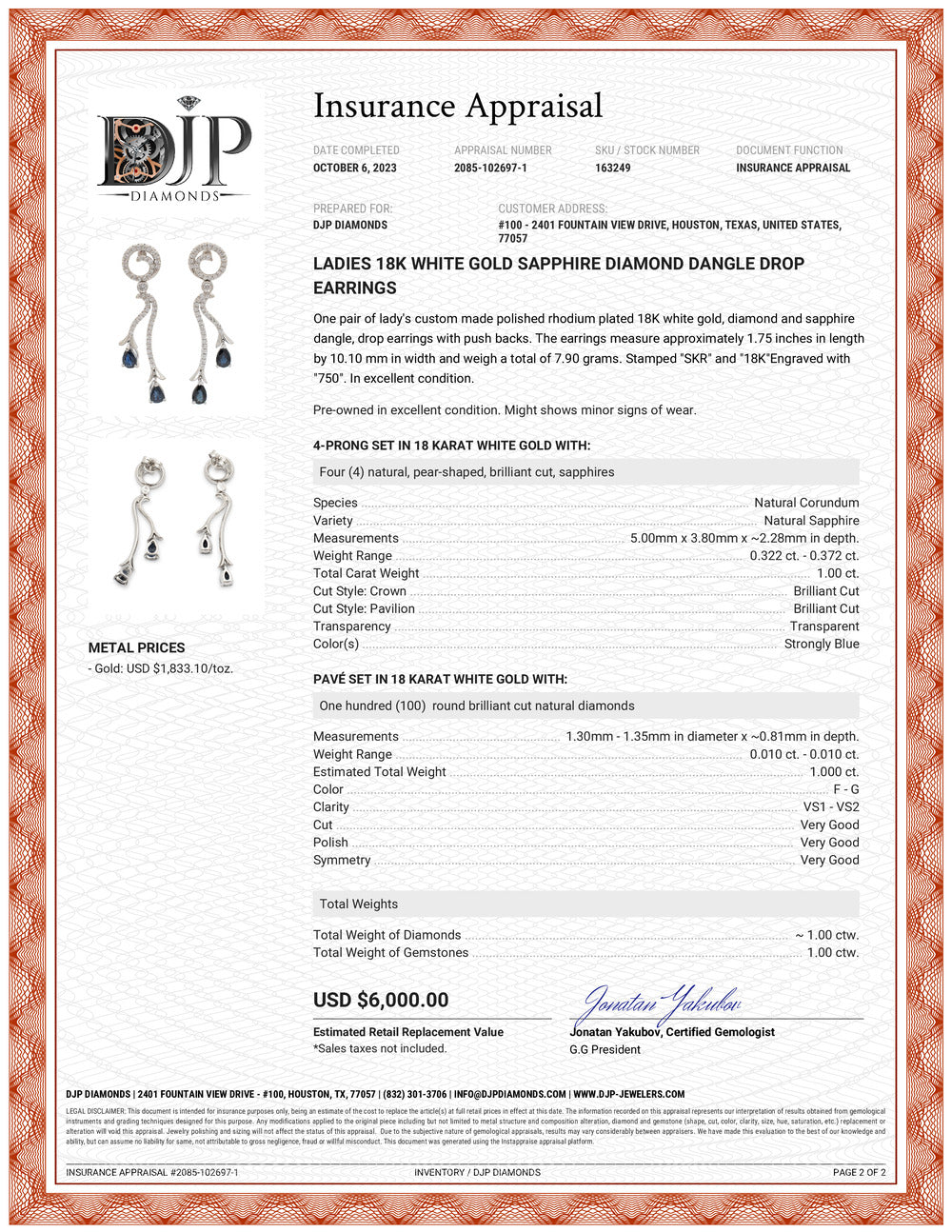 Ladies 18K White Gold Sapphire Diamond Dangle Drop Earrings