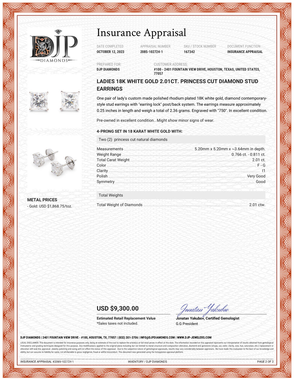 Ladies 18K White Gold 2.01ct. Princess Cut Diamond Stud Earrings