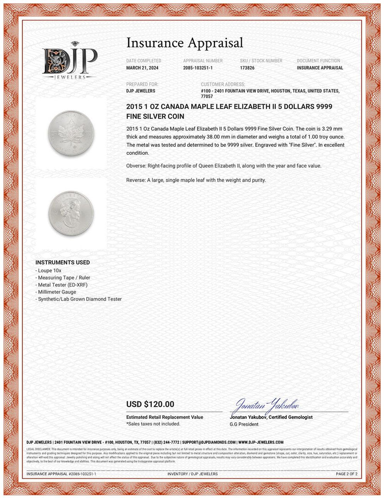 2015 1 Oz Canada Maple Leaf Elizabeth II 5 Dollars 9999 Fine Silver Coin