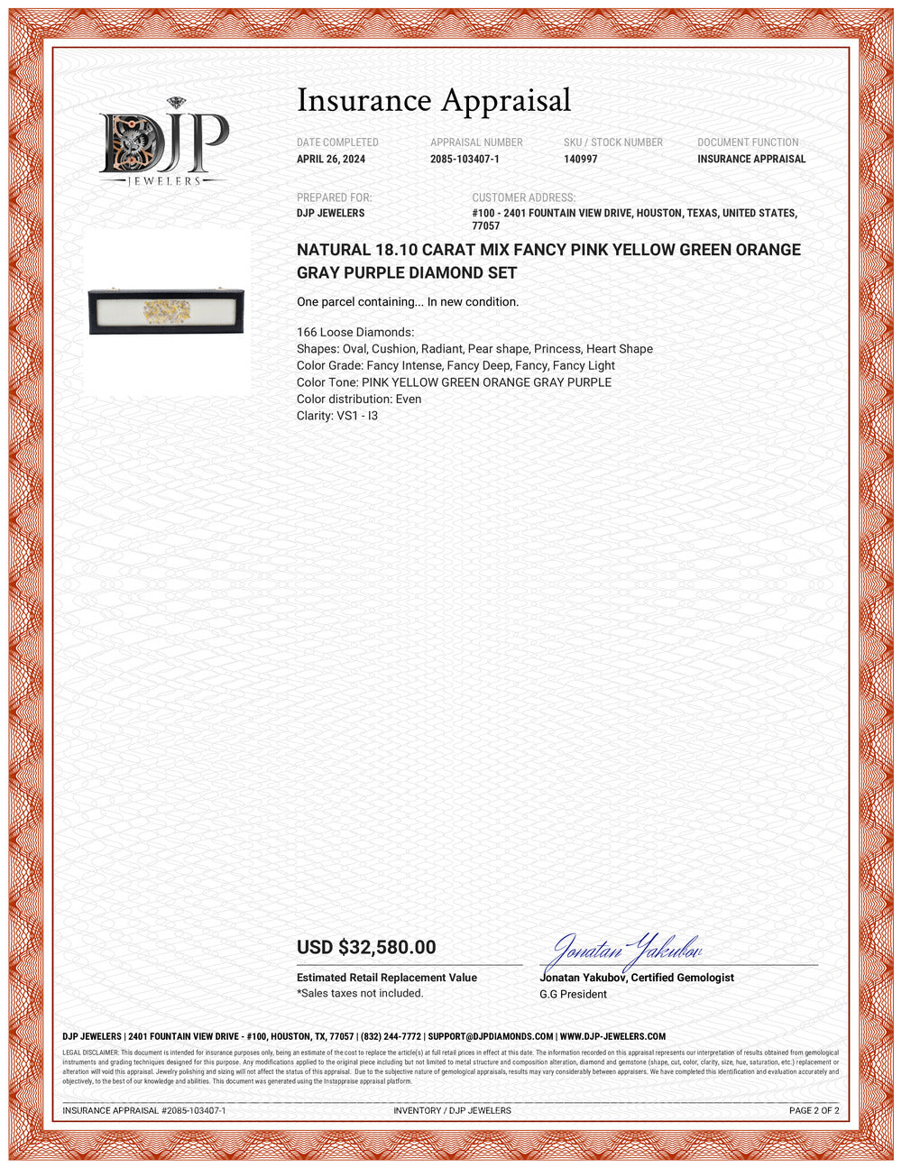 Natural 18.10 Carat Mix Fancy Pink Yellow Green Orange Gray Purple Diamond Set