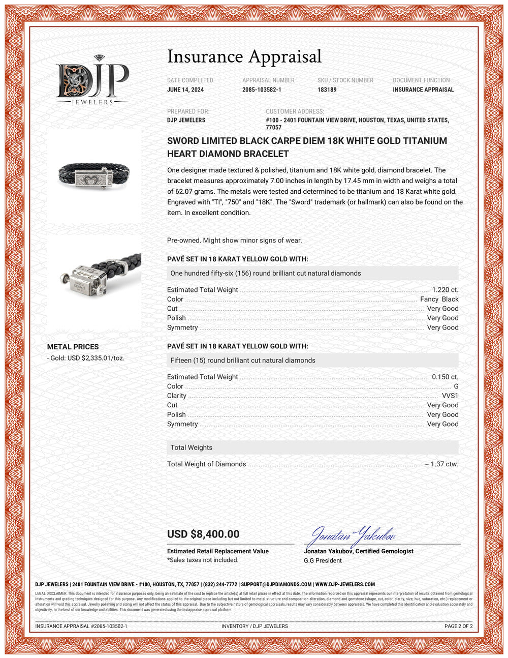 Sword Limited Black Carpe Diem 18K White Gold Titanium Heart Diamond Bracelet