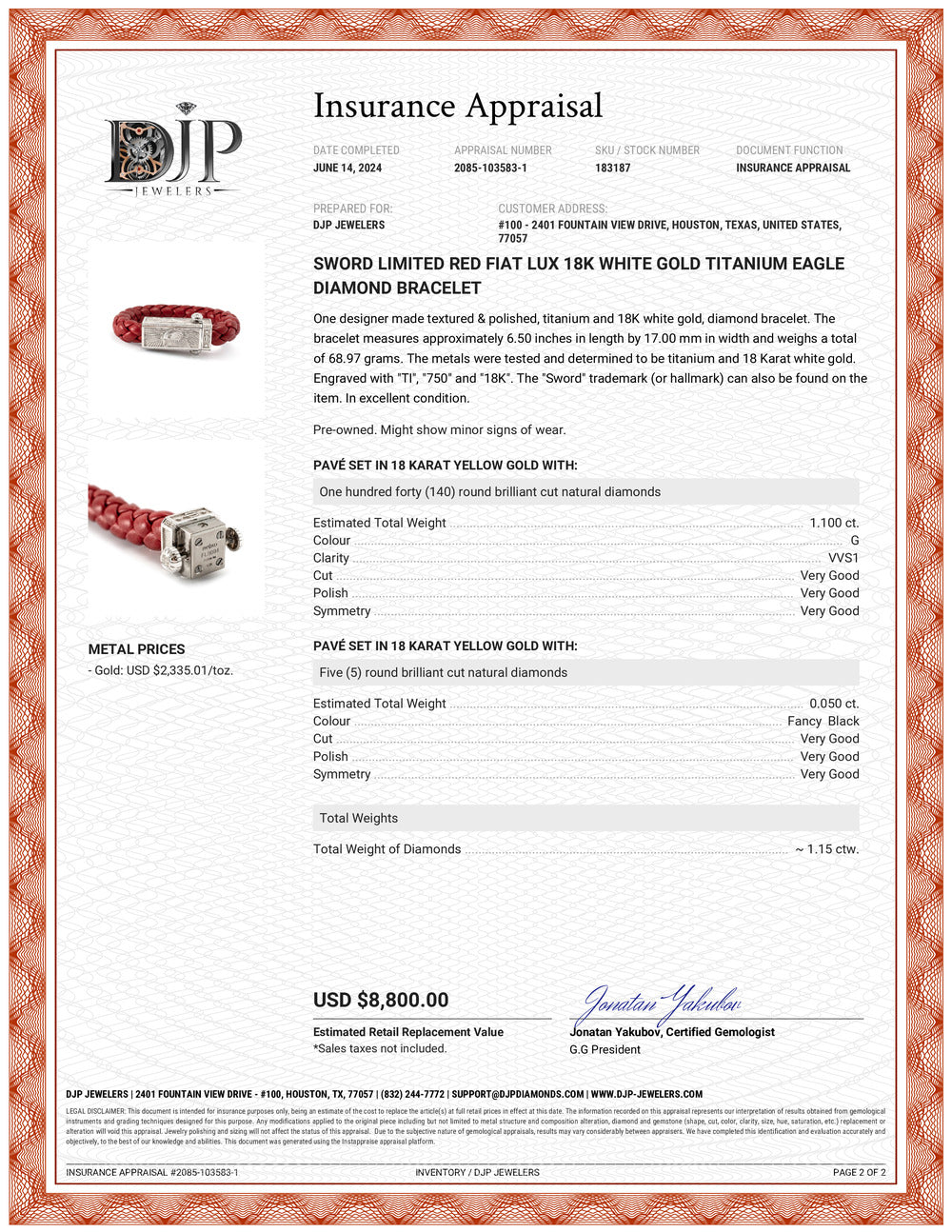 Sword Limited Red Fiat Lux 18K White Gold Titanium Eagle Diamond Bracelet