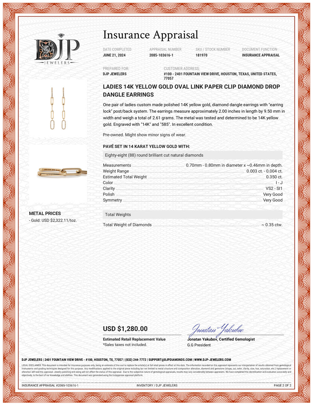 Ladies 14K Yellow Gold Oval Link Paper Clip Diamond Drop Dangle Earrings