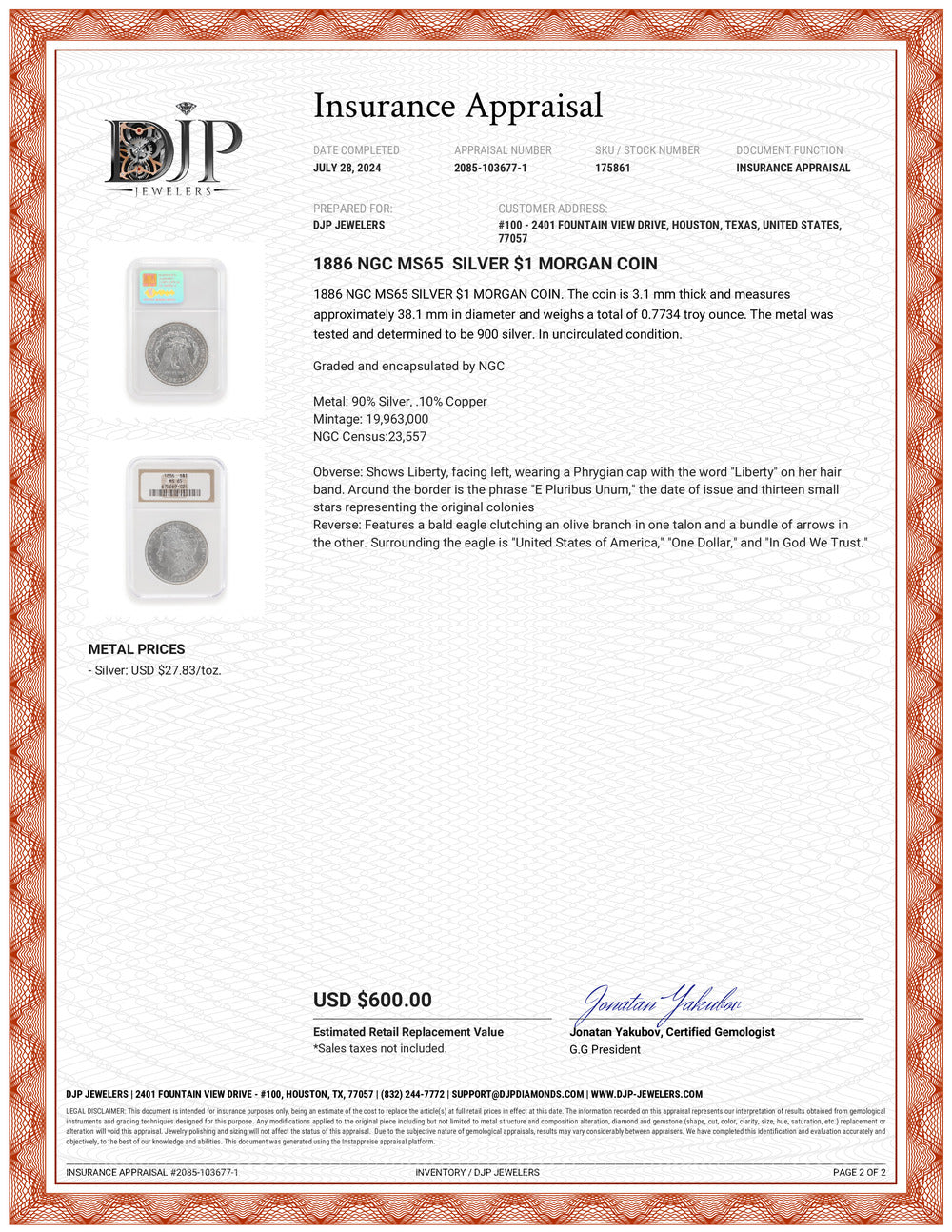 1886 NGC MS65 Silver $1 Morgan Coin