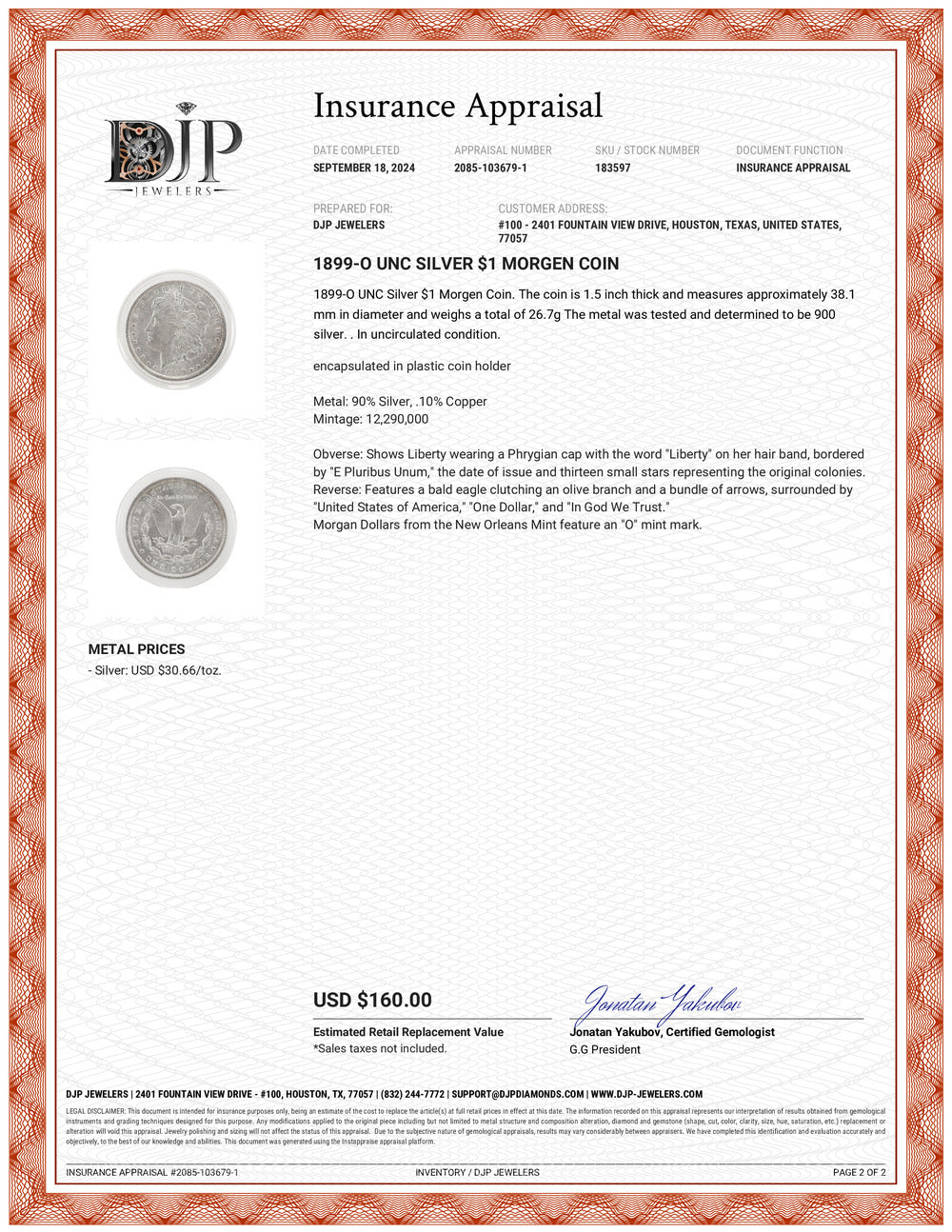 1899-O UNC Silver $1 Morgan Coin