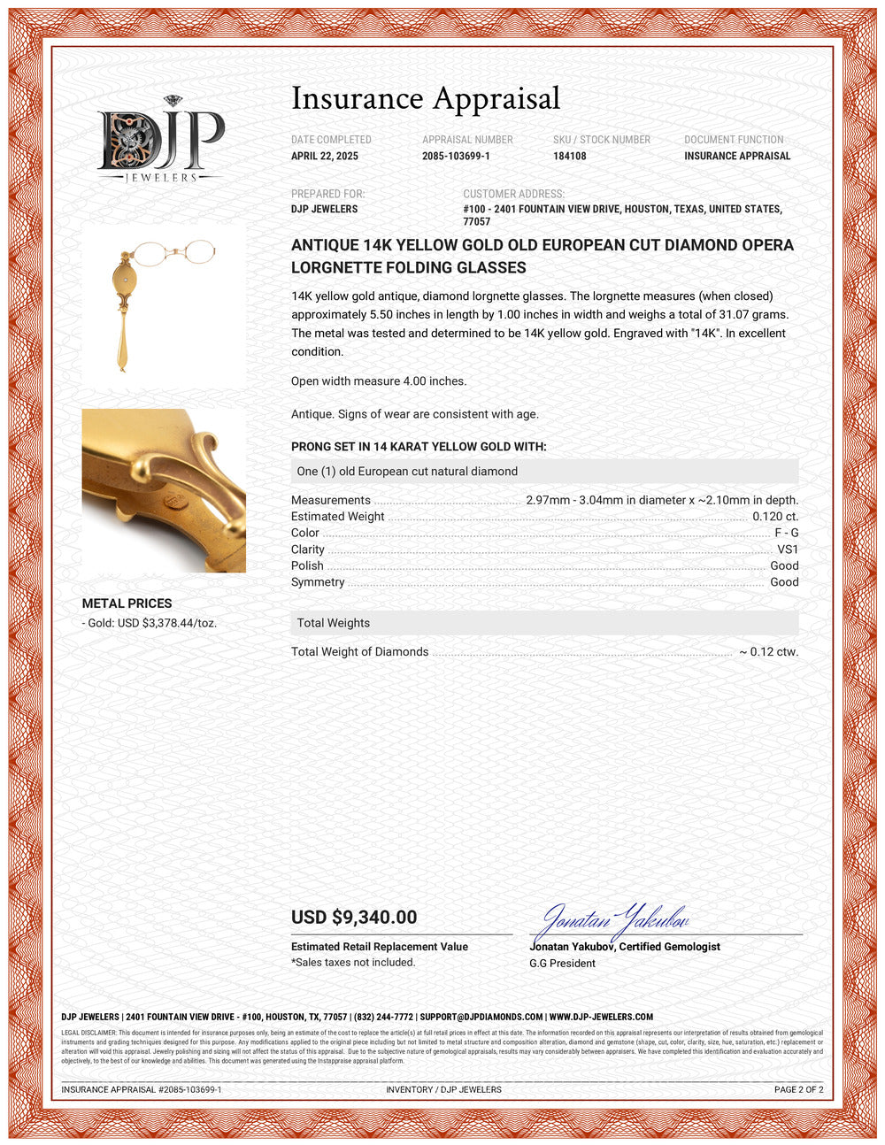 Antique 14K Yellow Gold Old European Cut Diamond Opera Lorgnette Folding Glasses