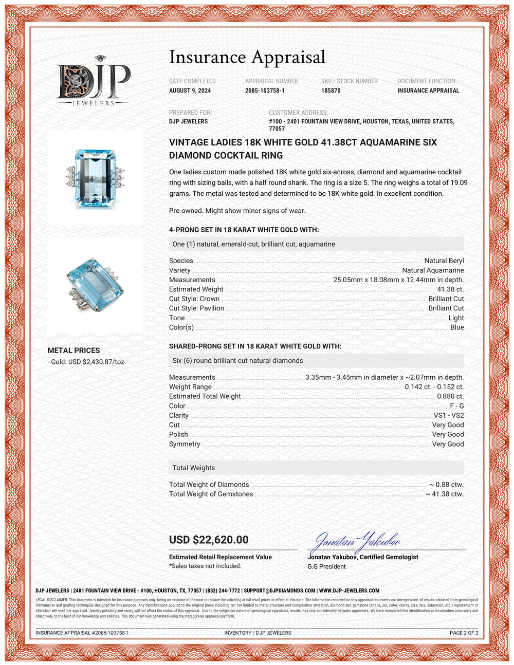 Vintage Ladies 18K White Gold 41.38ct Aquamarine Six Diamond Cocktail Ring