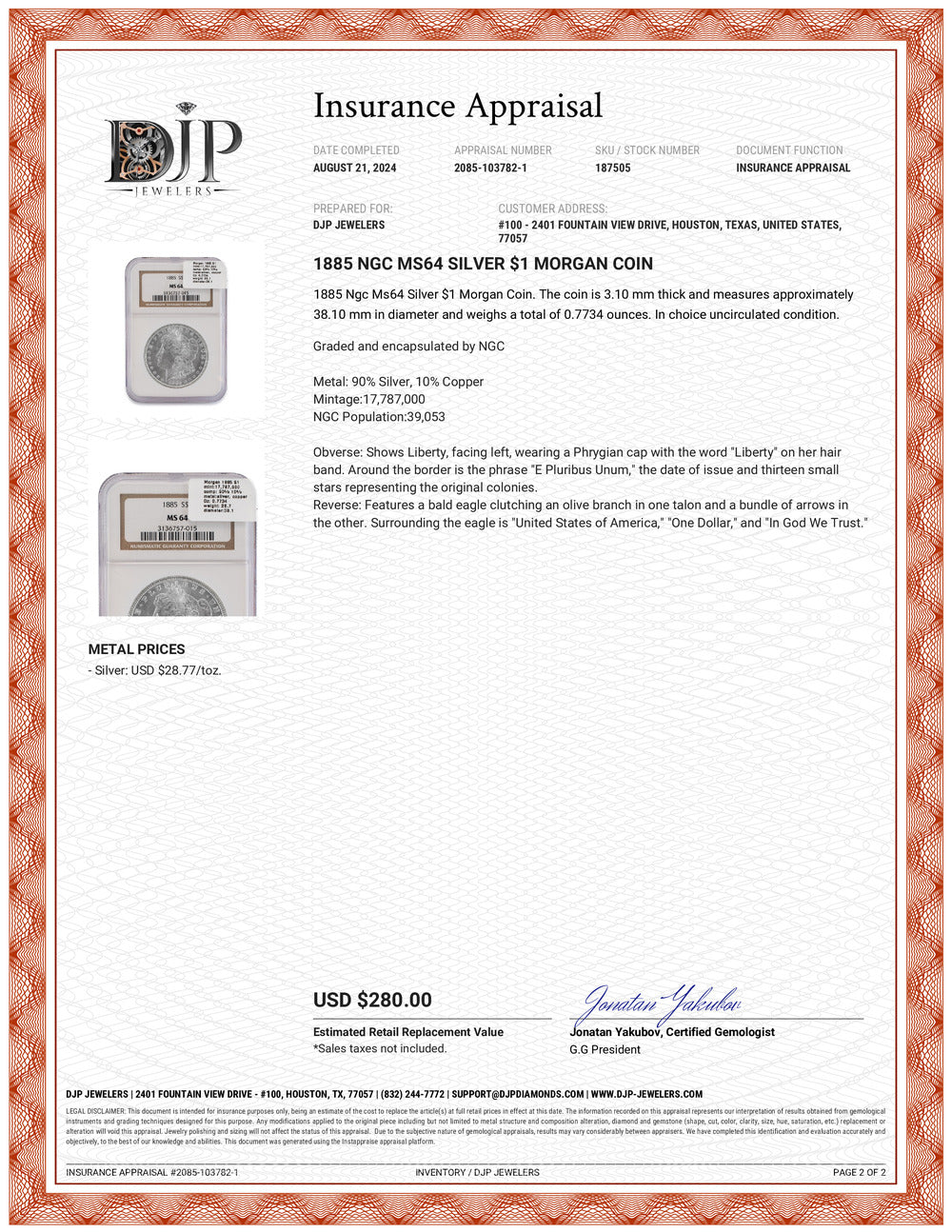 1885 NGC MS64 Silver $1 Morgan Coin