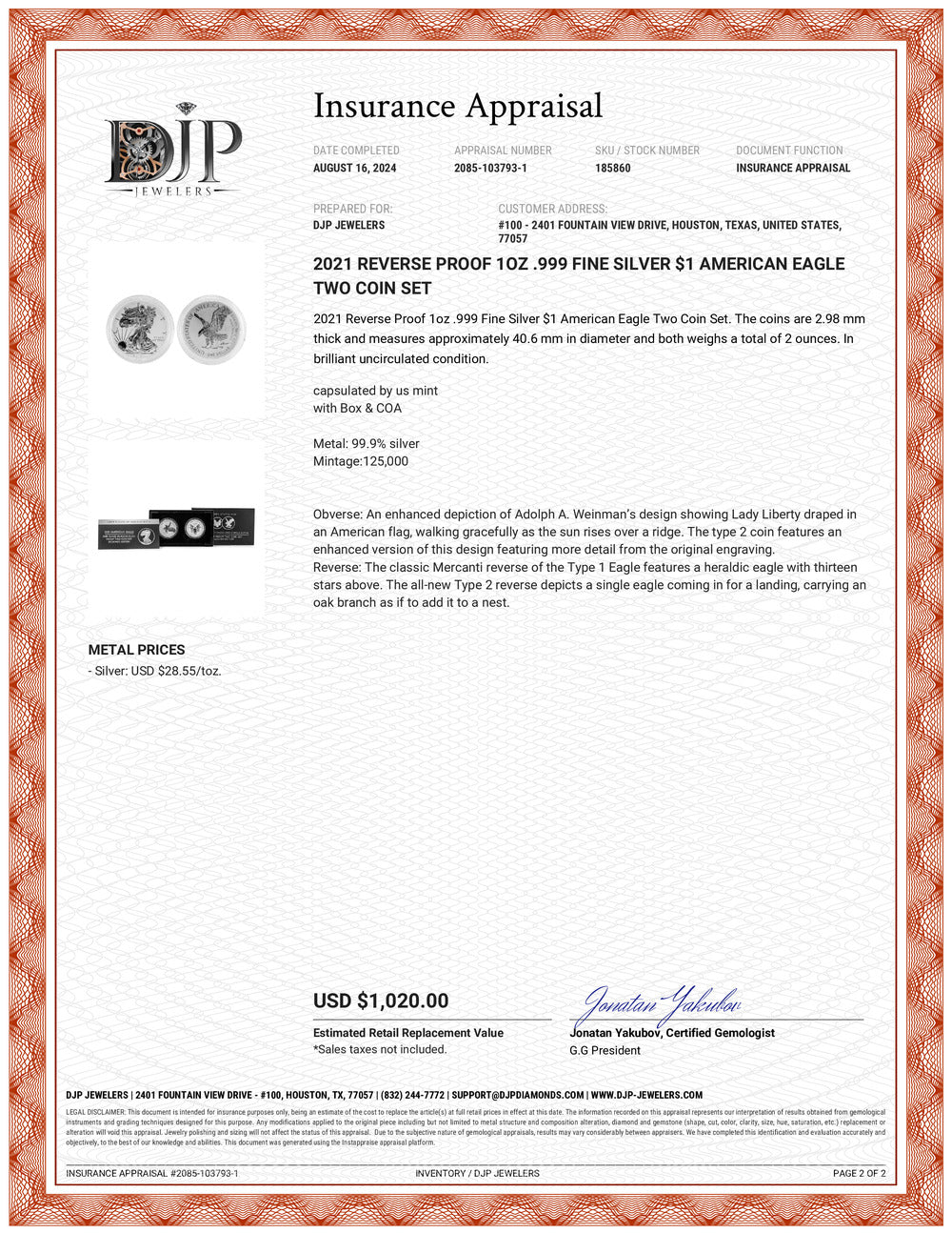 2021 Reverse Proof 1OZ .999 Fine Silver $1 American Eagle Two Coin Set