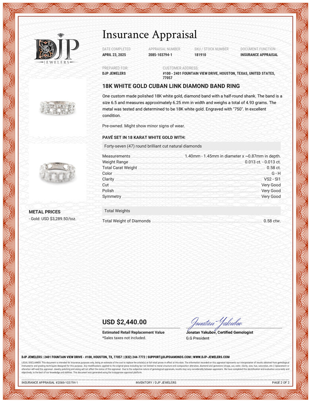 18K White Gold Cuban Link Diamond Band Ring