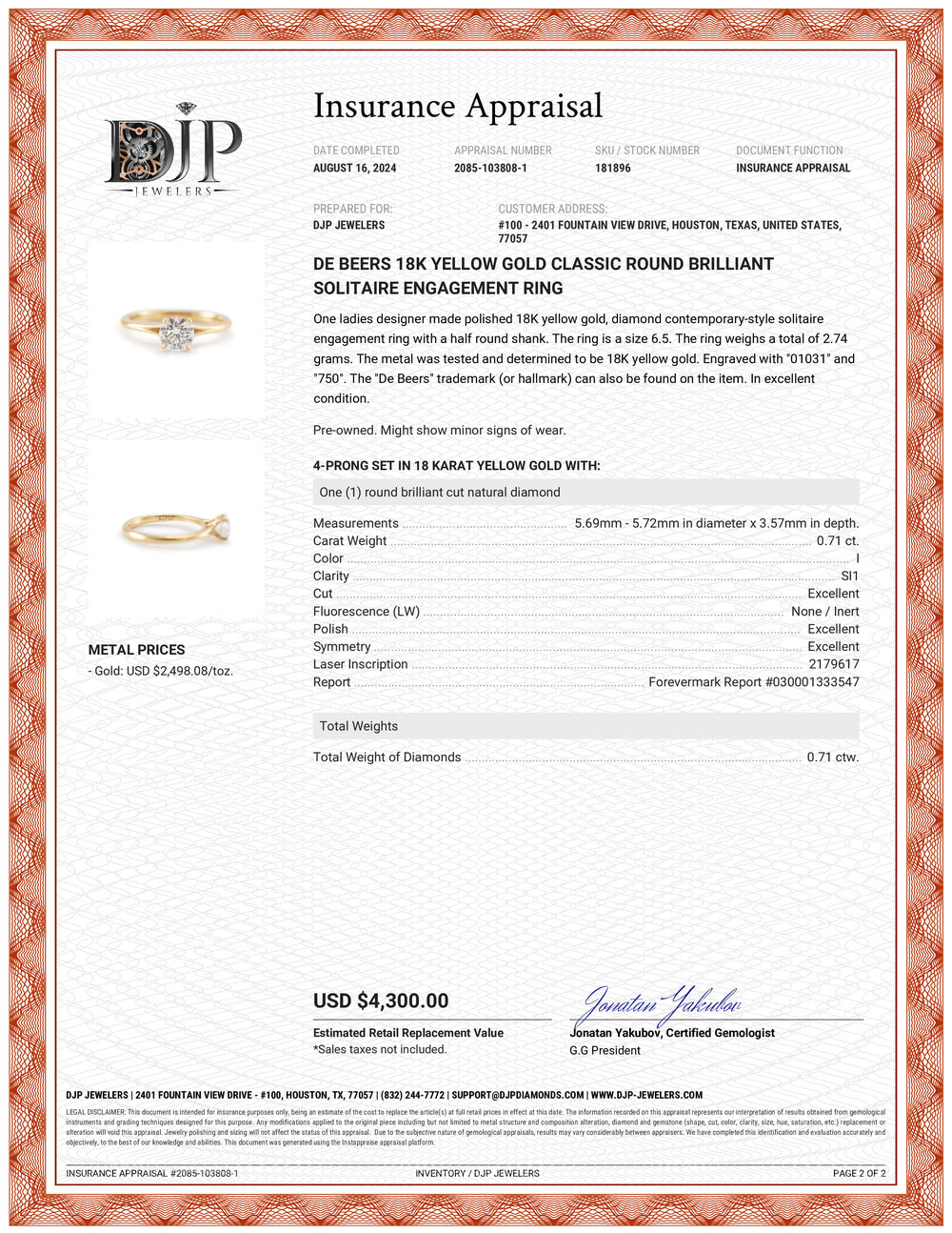 De Beers 18K Yellow Gold Classic Round Brilliant Solitaire Engagement Ring