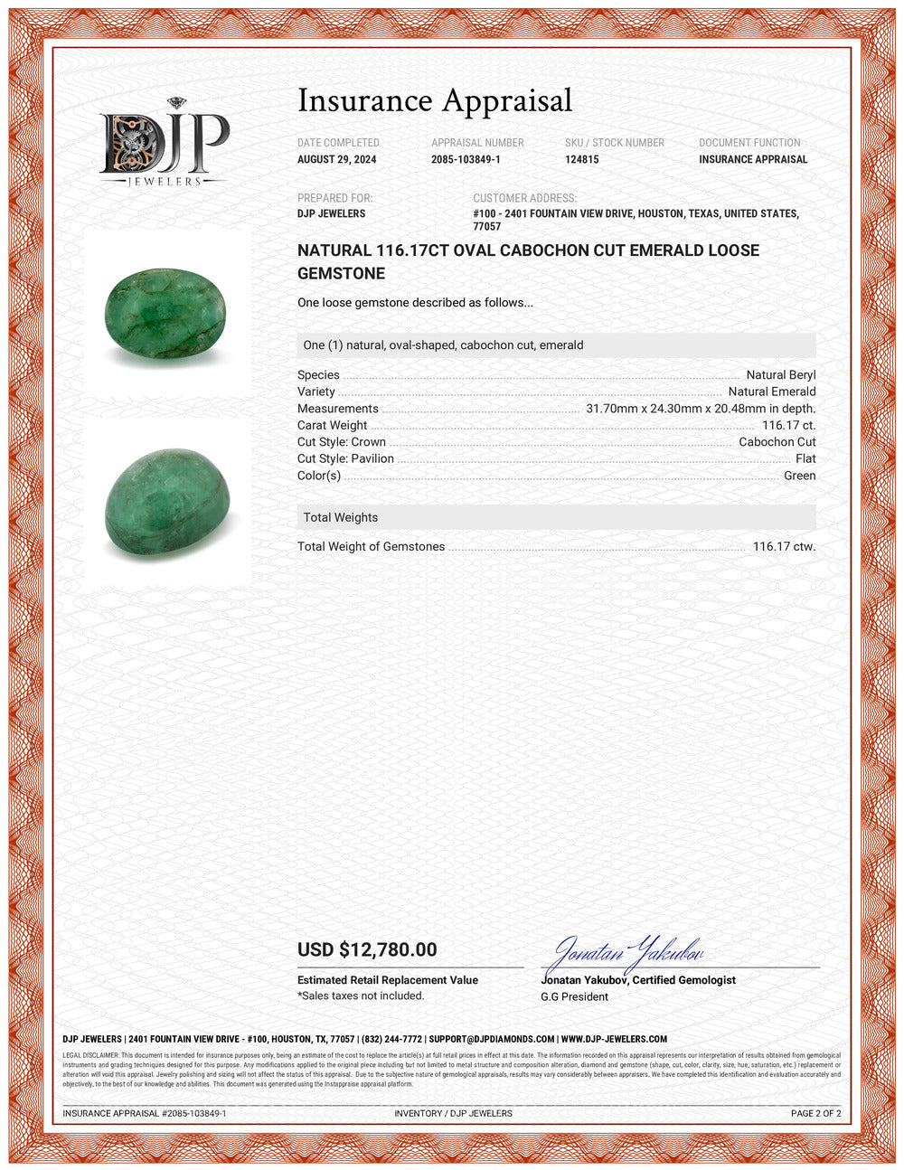 Natural 116.17ct Oval Cabochon Cut Emerald Loose Gemstone