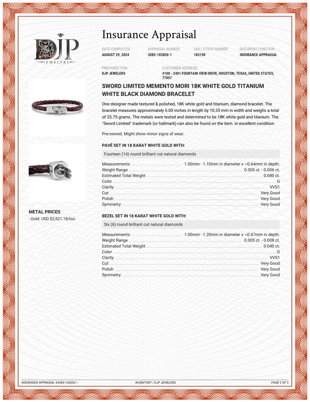 Sword Limited Memento Mori 18K White Gold Titanium White Black Diamond Bracelet