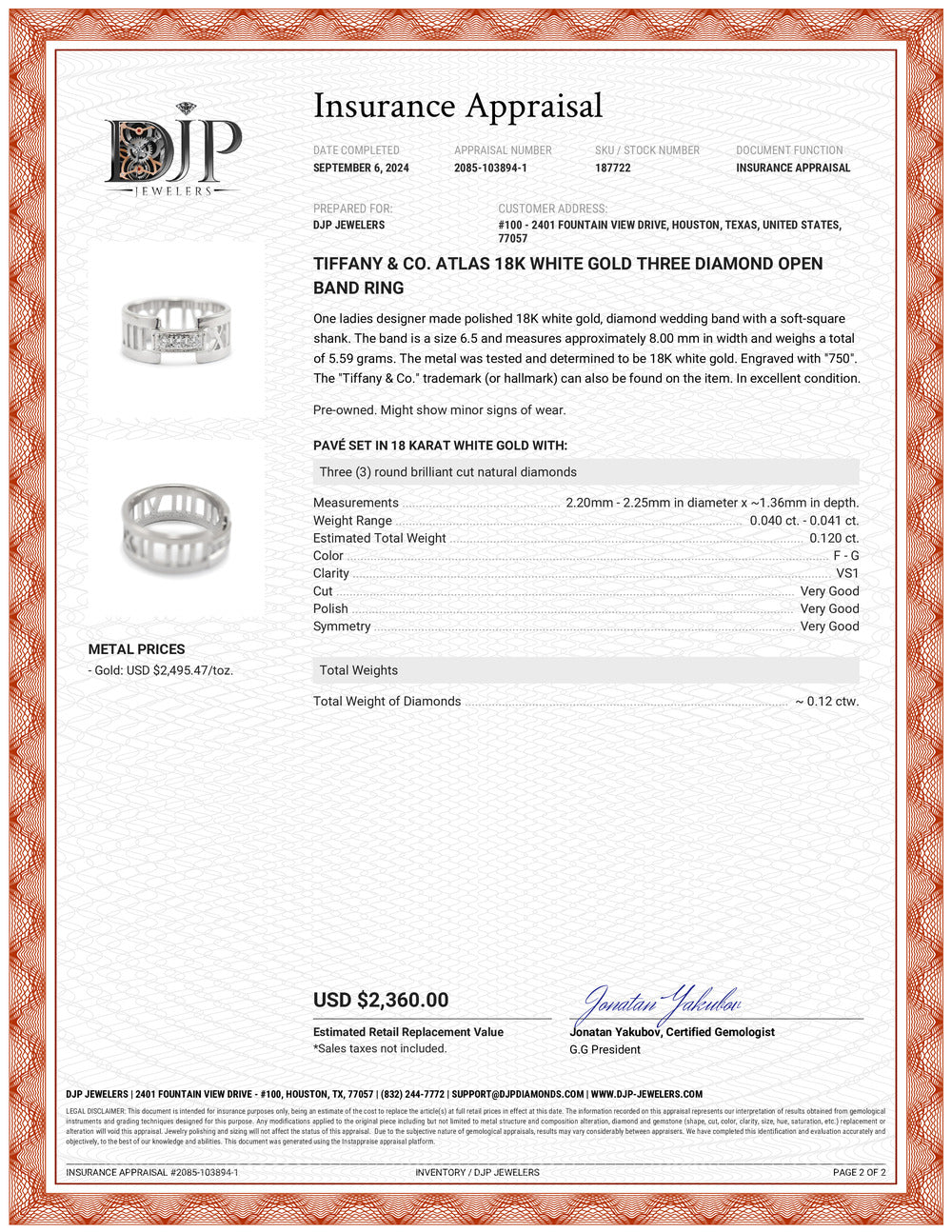 Tiffany & Co. Atlas 18K White Gold Three Diamond Open Band Ring