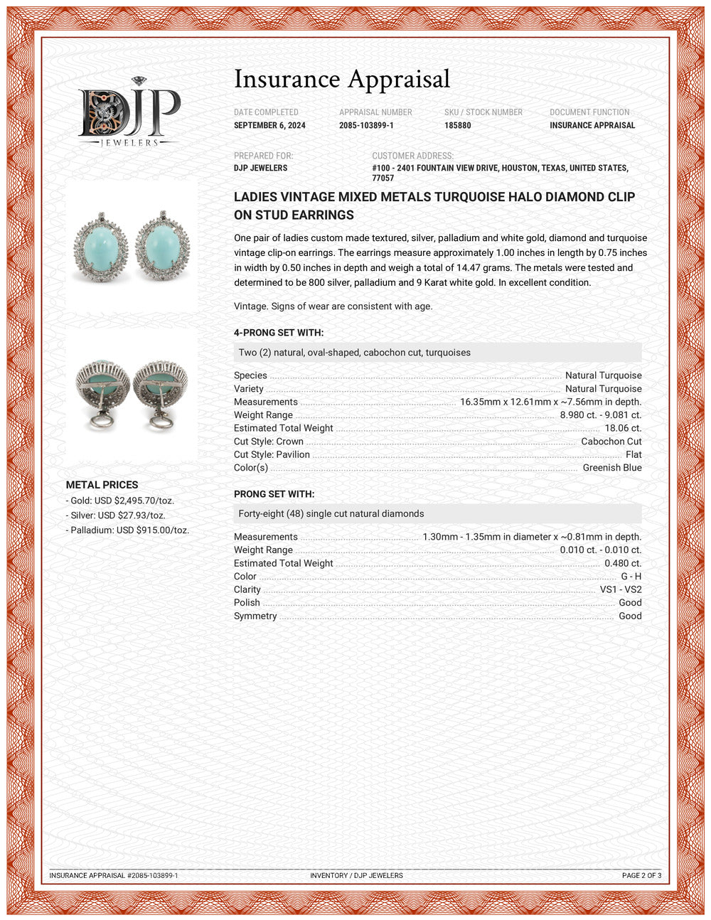 Ladies Vintage Mixed Metals Turquoise Halo Diamond Clip on Stud Earrings