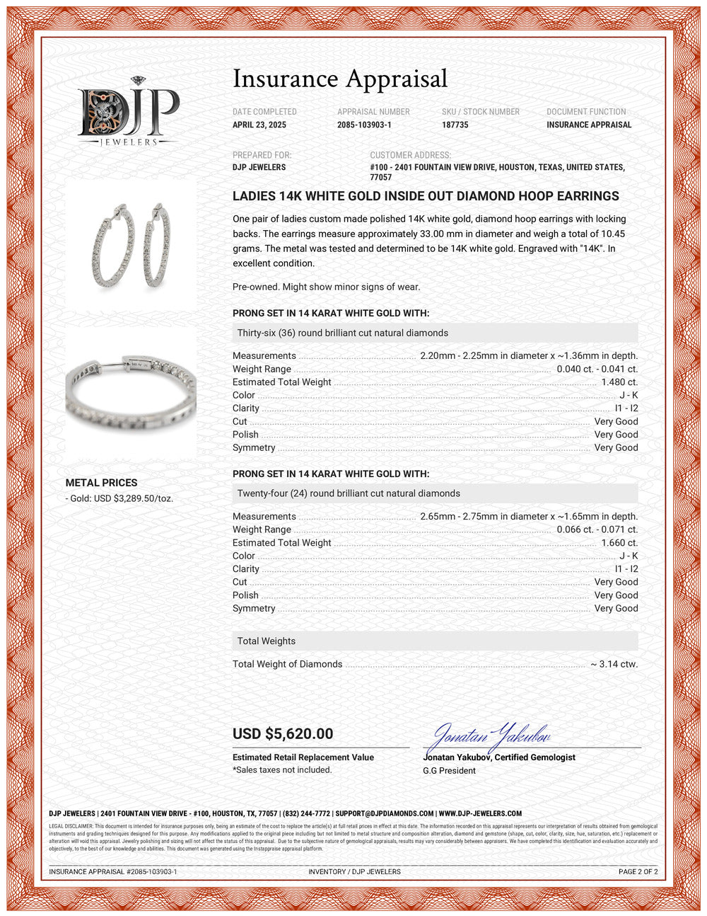 Ladies 14K White Gold Inside Out Diamond Hoop Earrings