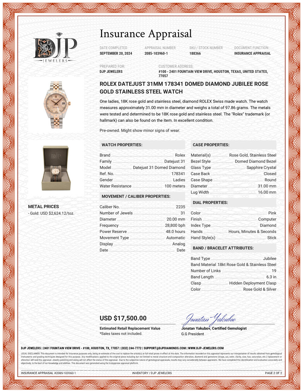 Rolex Datejust 31MM 178341 Domed Diamond Jubilee Rose Gold Stainless Steel Watch