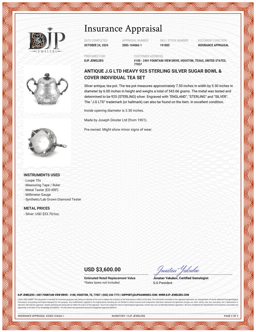 Antique J.G Ltd Heavy 925 Sterling Silver Sugar Bowl & Cover Individual Tea Set