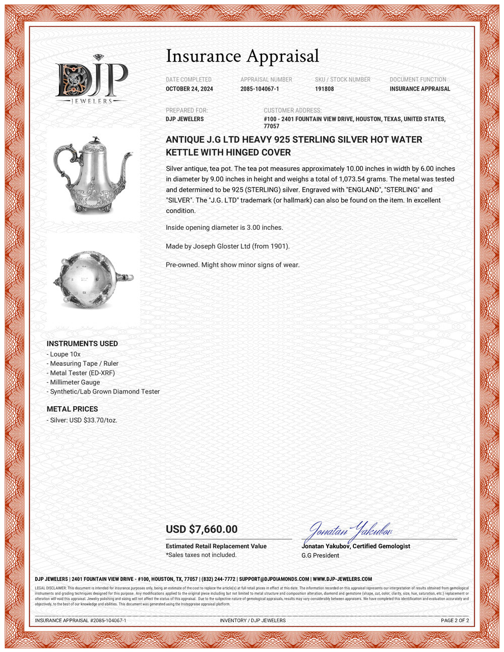 Antique J.G Ltd Heavy 925 Sterling Silver Hot Water Kettle With Hinged Cover