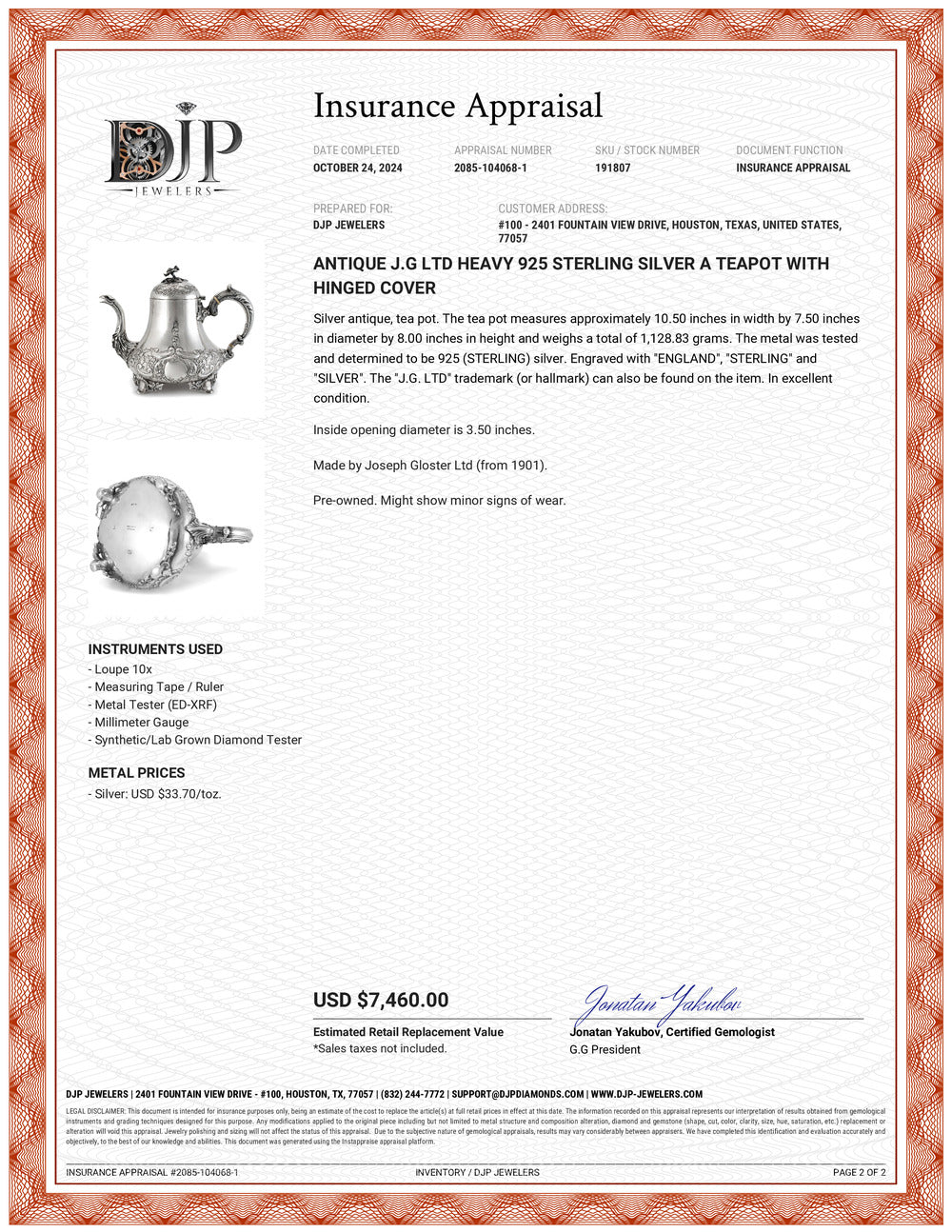 Antique J.G Ltd Heavy 925 Sterling Silver a Teapot With Hinged Cover