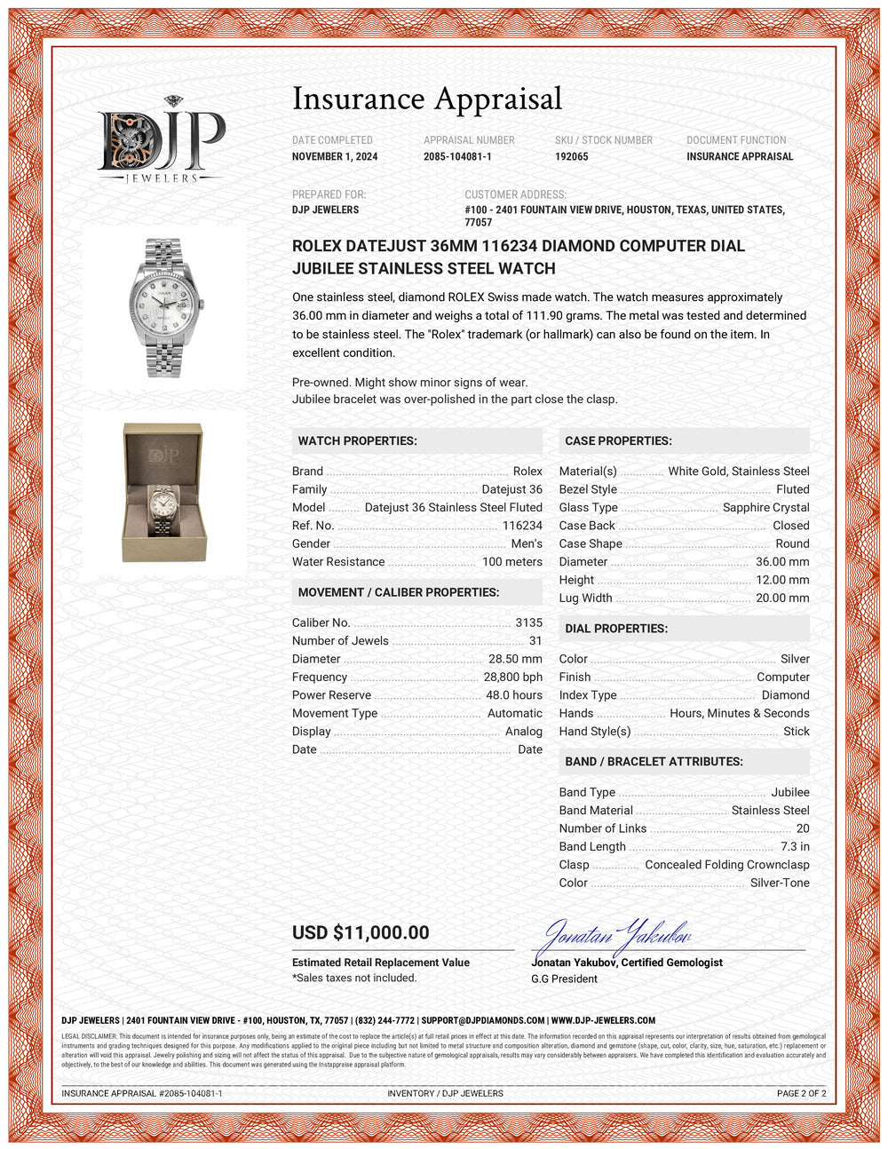 Rolex Datejust 36MM 116234 Diamond Computer Dial Jubilee Stainless Steel Watch