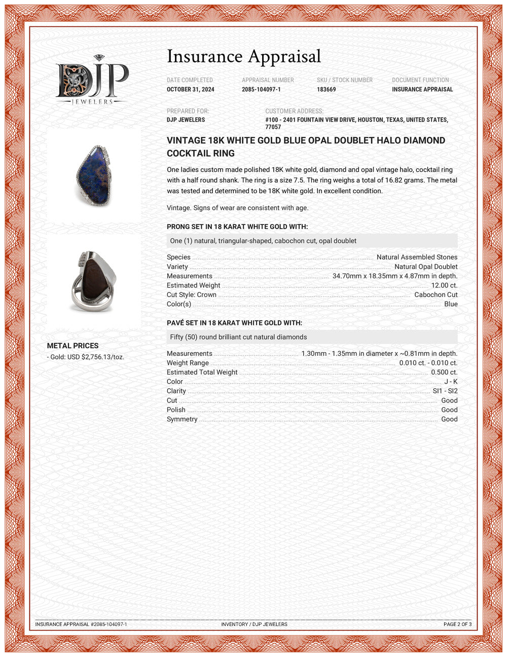 Vintage 18K White Gold Blue Opal Doublet Halo Diamond Cocktail Ring