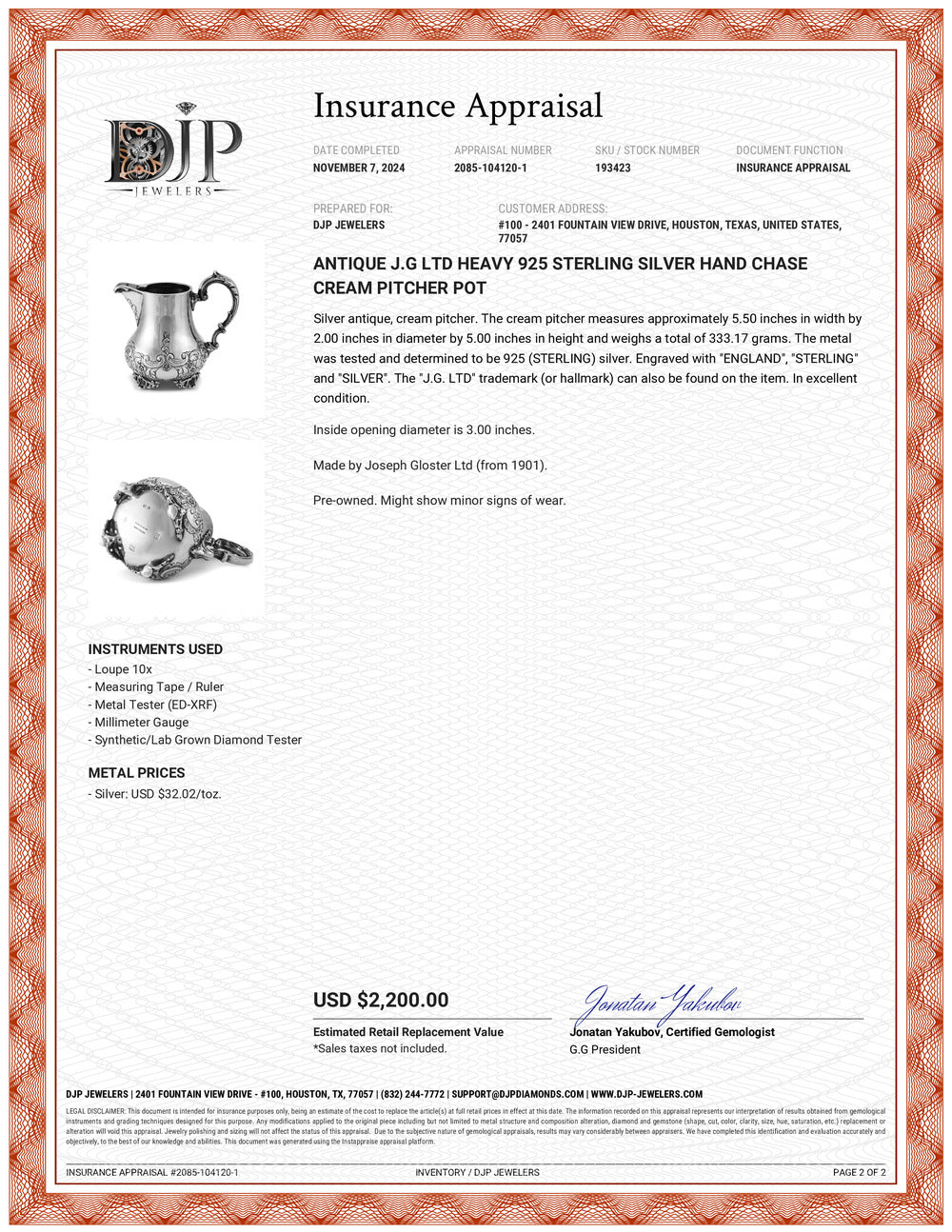 Antique J.G Ltd Heavy 925 Sterling Silver Hand Chase Cream Pitcher Pot