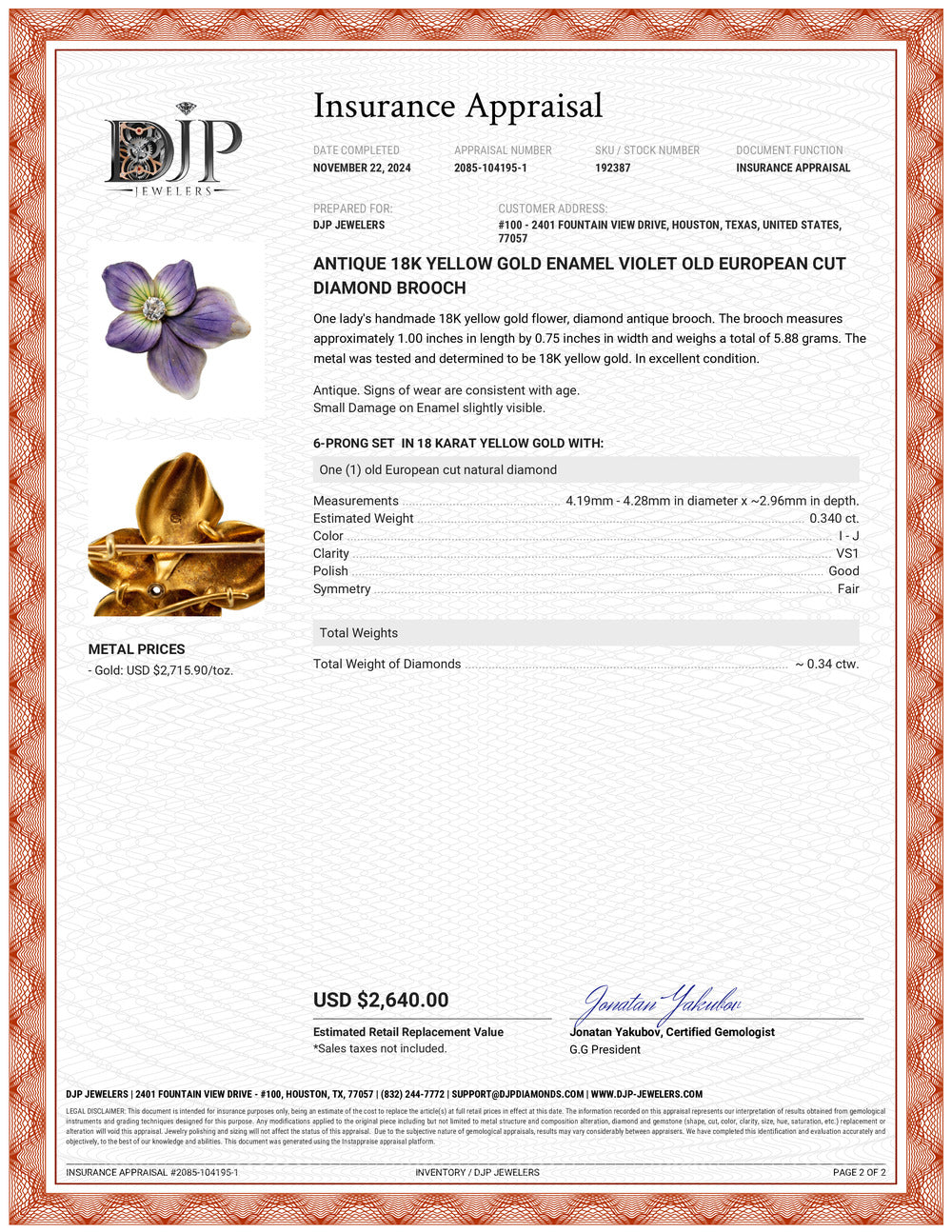 Antique 18K Yellow Gold Enamel Violet Old European Cut Diamond Brooch